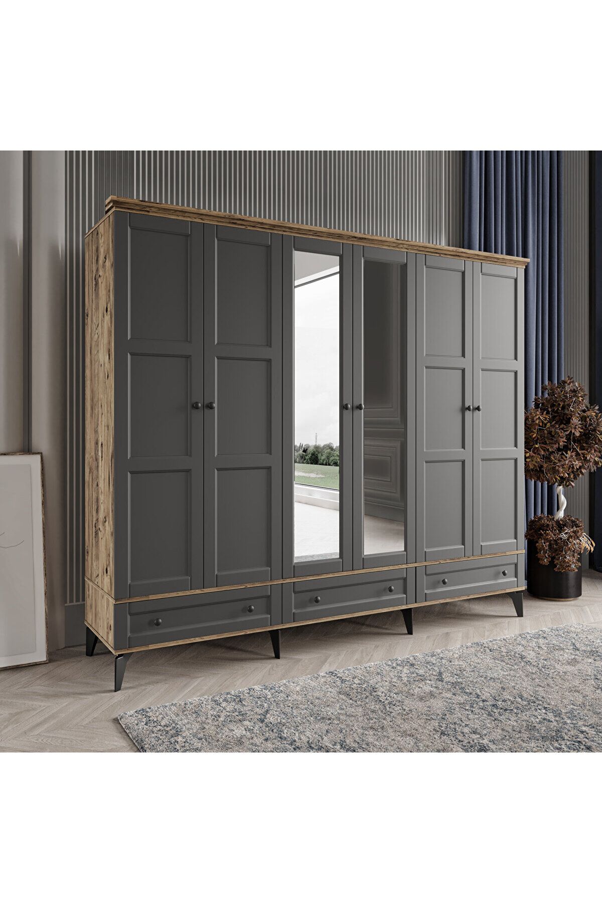 DRNHOME TOPRAK 6 KAPAKLI ANTRASİT GARDIROP TAMAMI MDF
