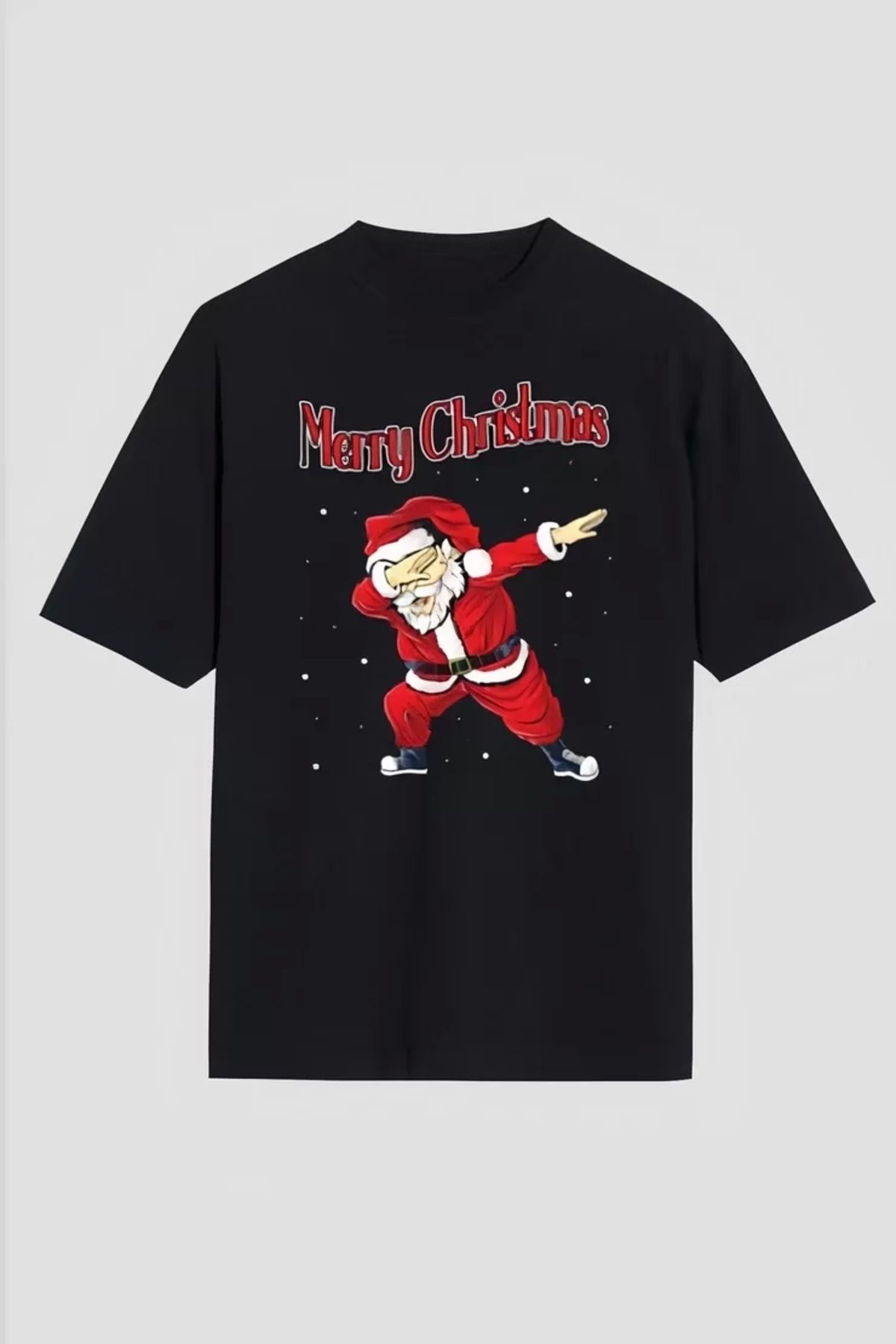 luz&pos Merry Christmas Baskılı Noel Babalı T-shirt - Siyah