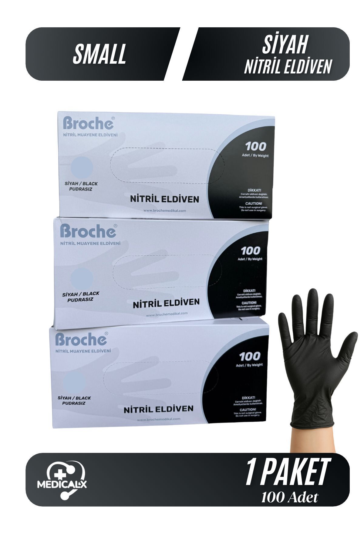 Medicalx Broche Siyah Nitril Muayene Eldiveni 100 lü Paket - Small