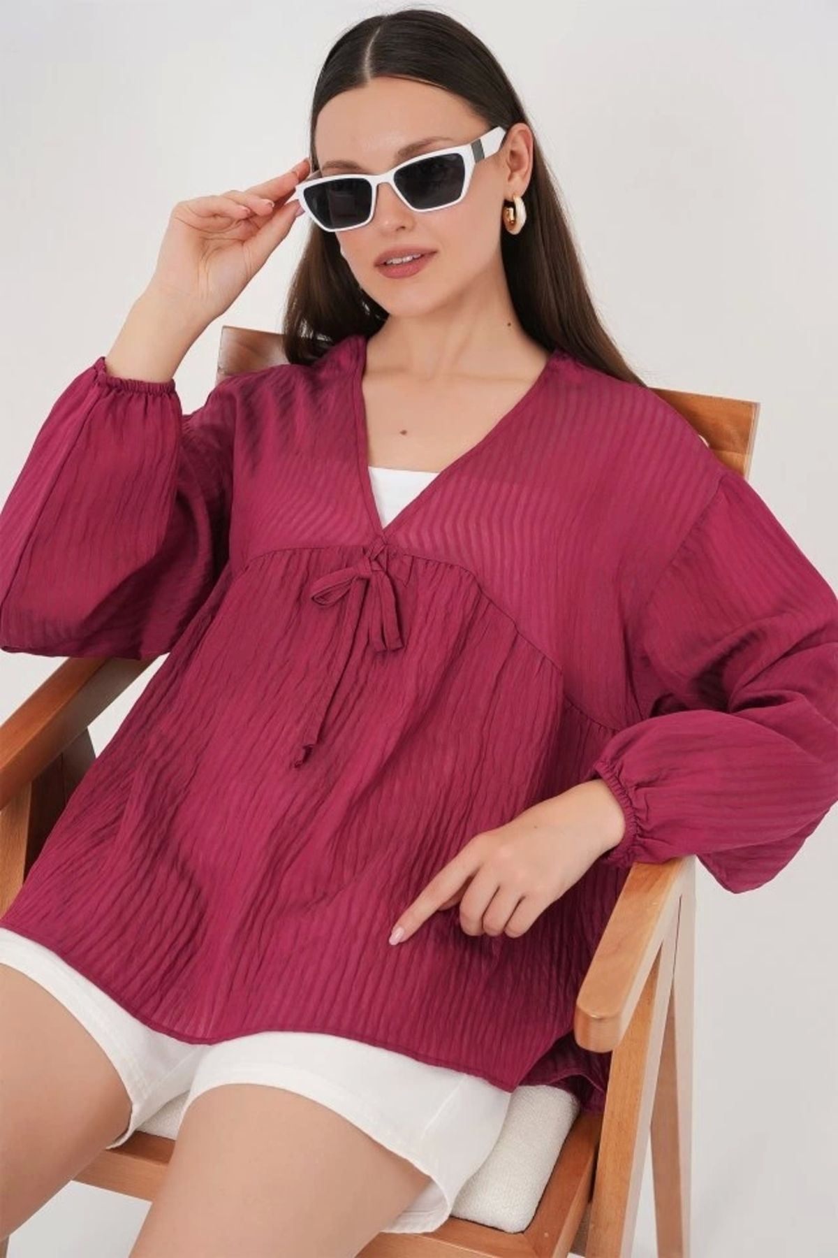 Butik Önü Bağcıklı Uzun Kol Bluz 946 - Bordo