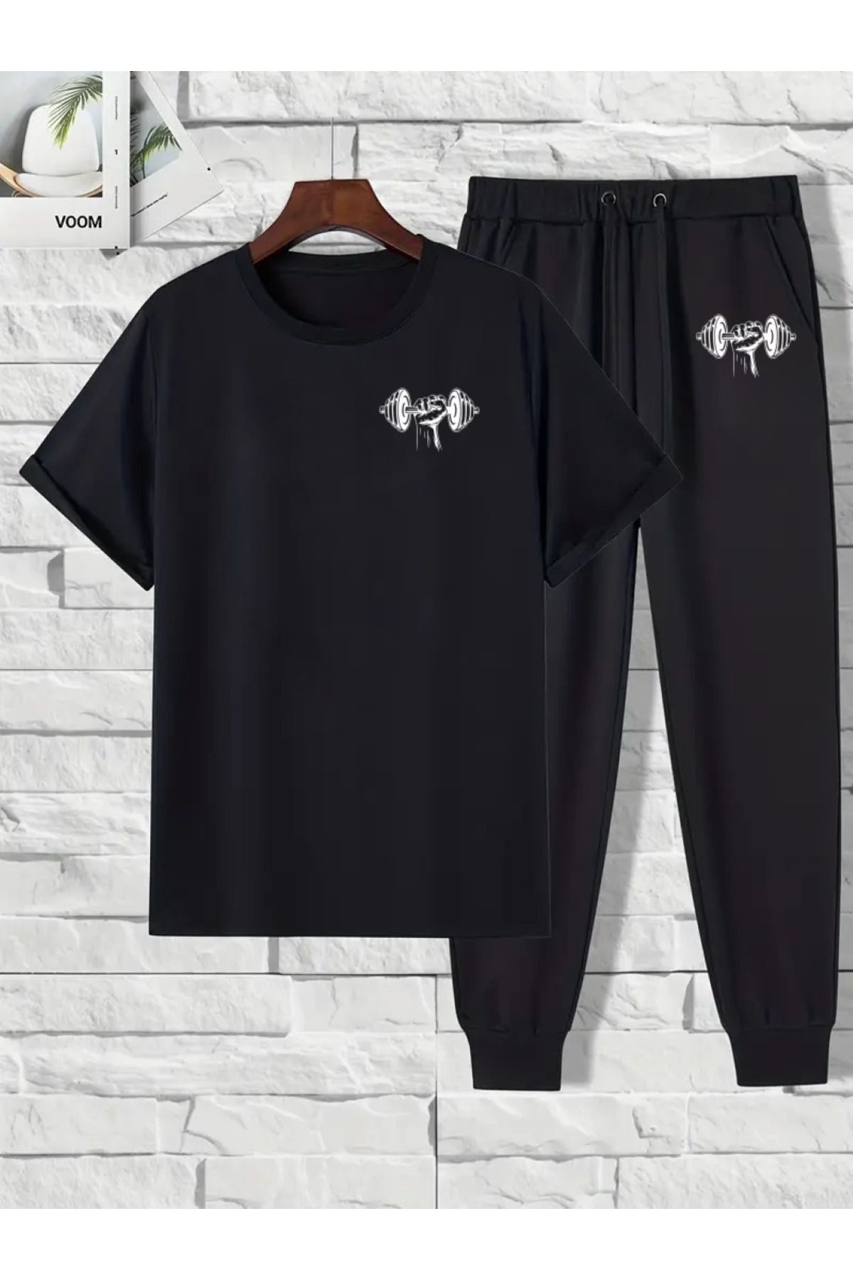 aynewmoda Halterci Baskılı 2 Parça Tişört ve Uzun Pantolon Takımı