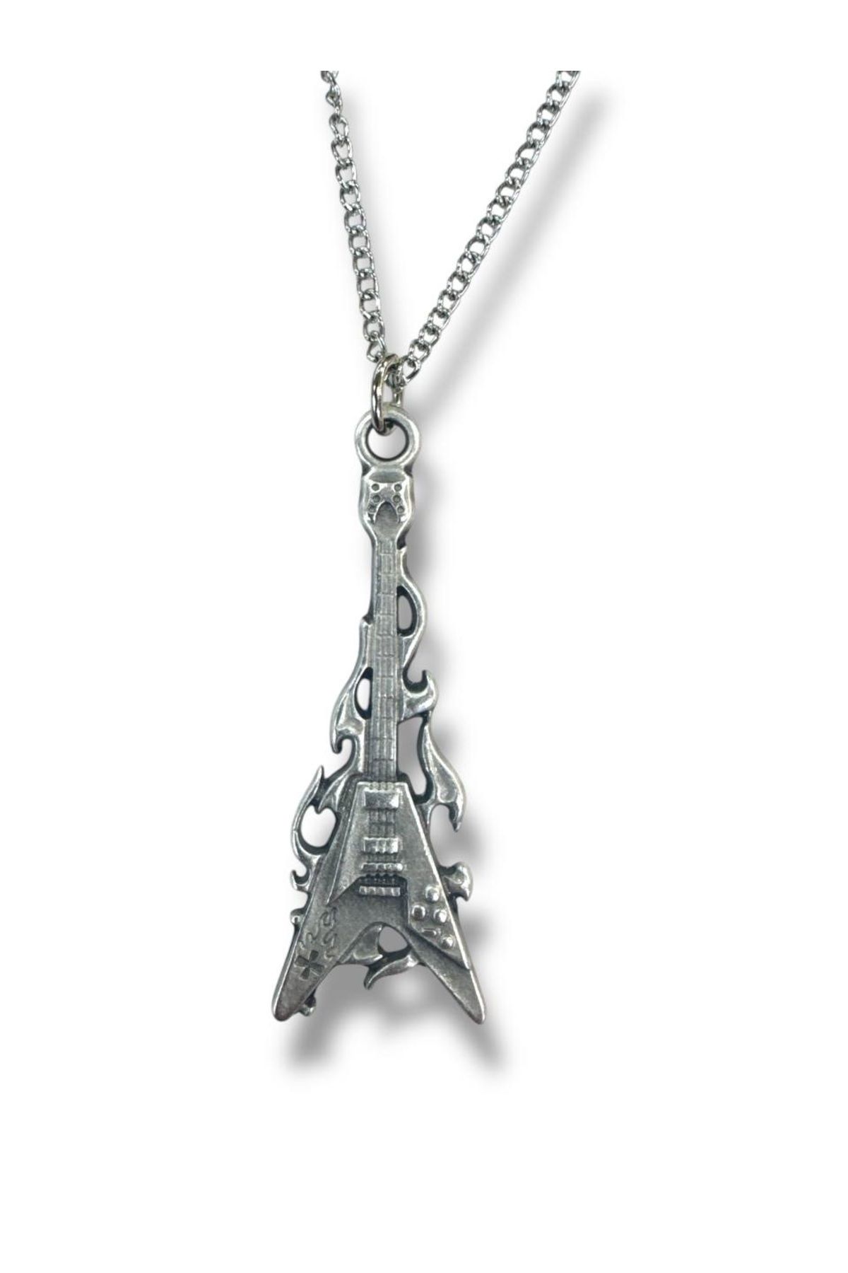 Herşey Nota Ateşli Elektro Gitar Tasarımlı Rock Tarzı Kolye – Unisex 60 cm Zincir