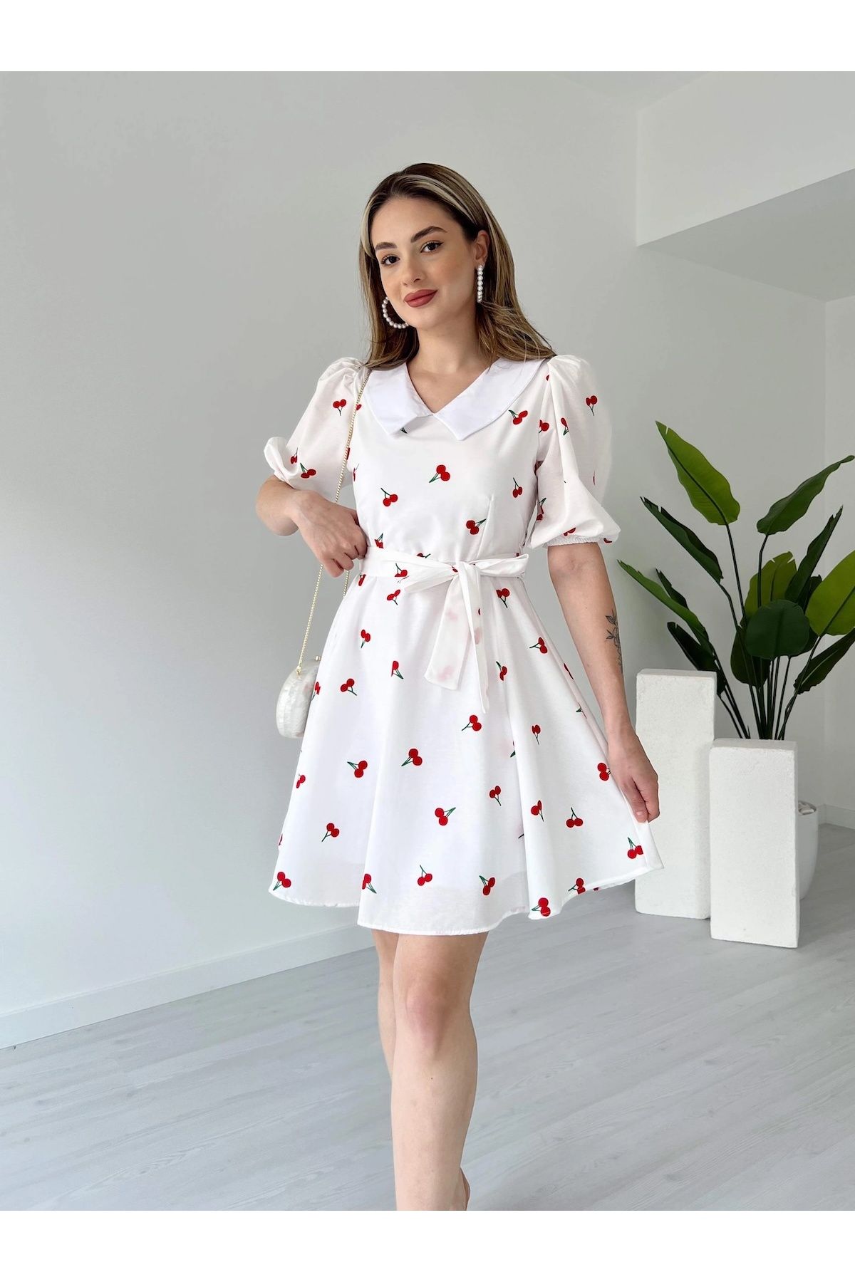 Lusin Kadın Kiraz Desenli Astarlı Yazlık Poplin Mini Elbise