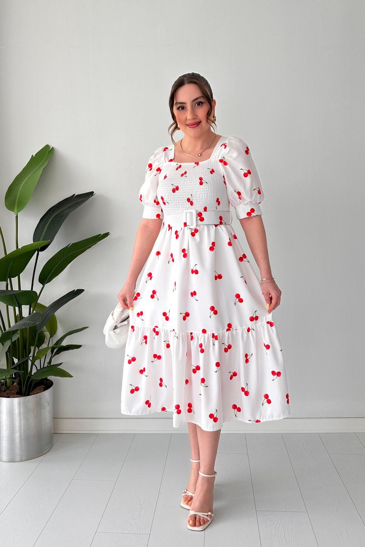 MaziButik Astarlı Cherry Elbise Kırmızı