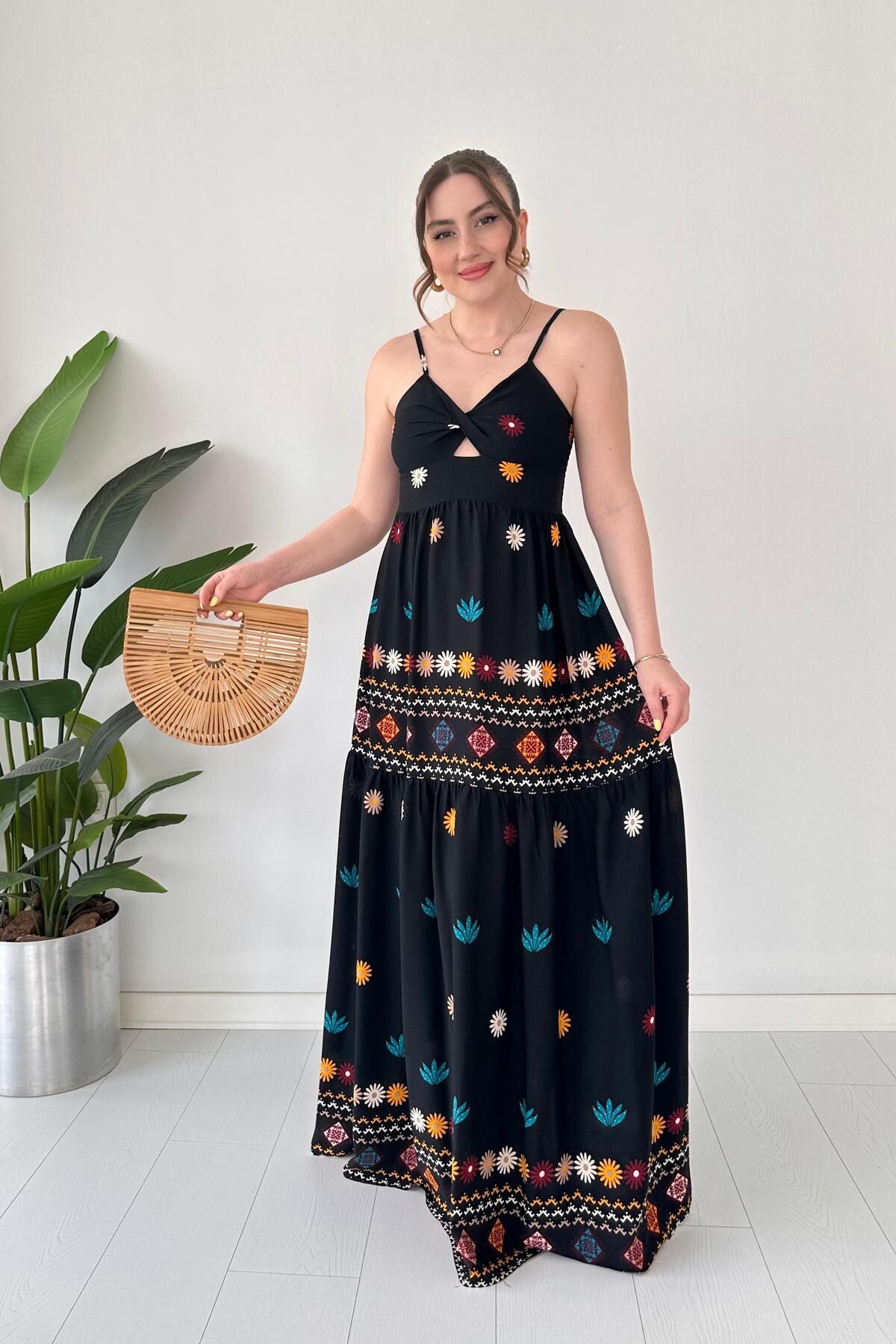 MaziButik Askılı Daisy Elbise Siyah