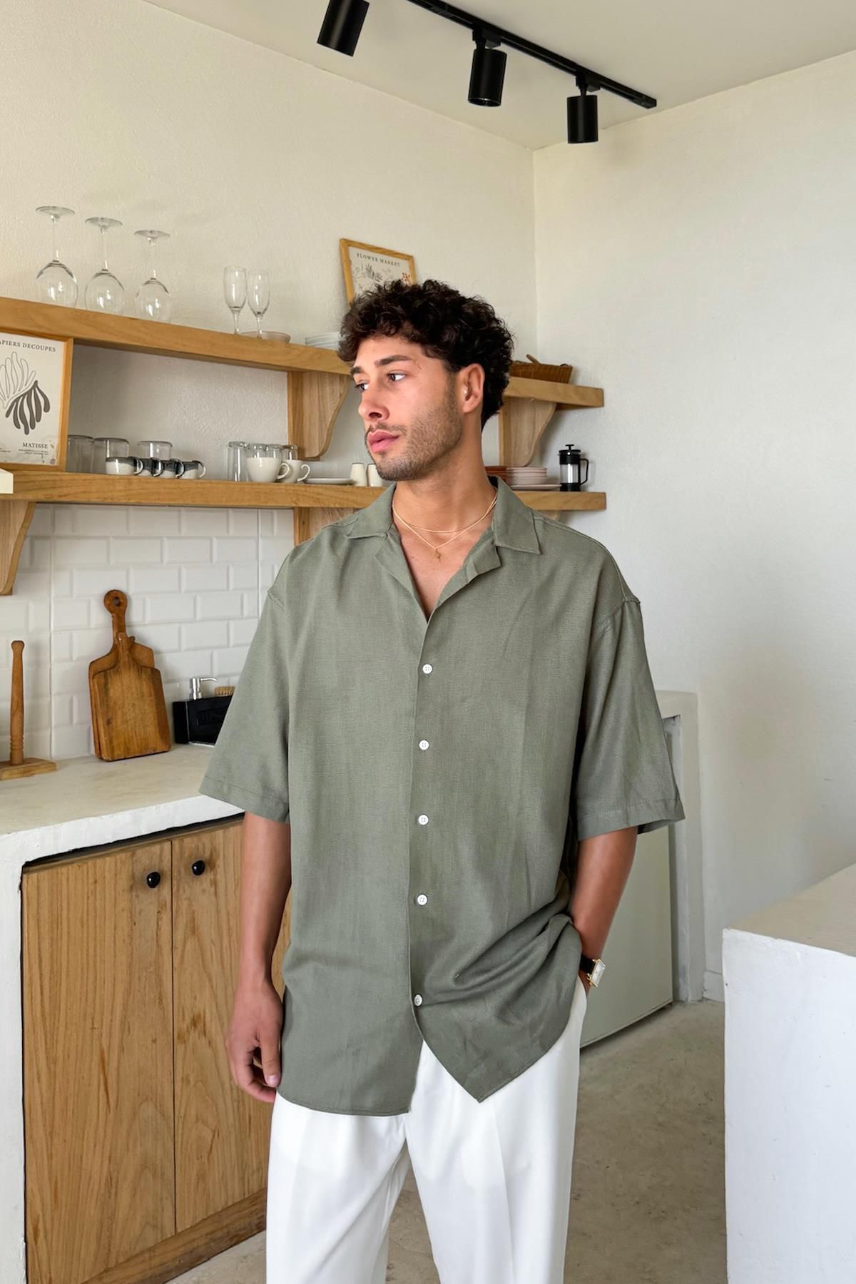 Flaw Wear Haki Dokuma Oversize Kısa Kol Gömlek