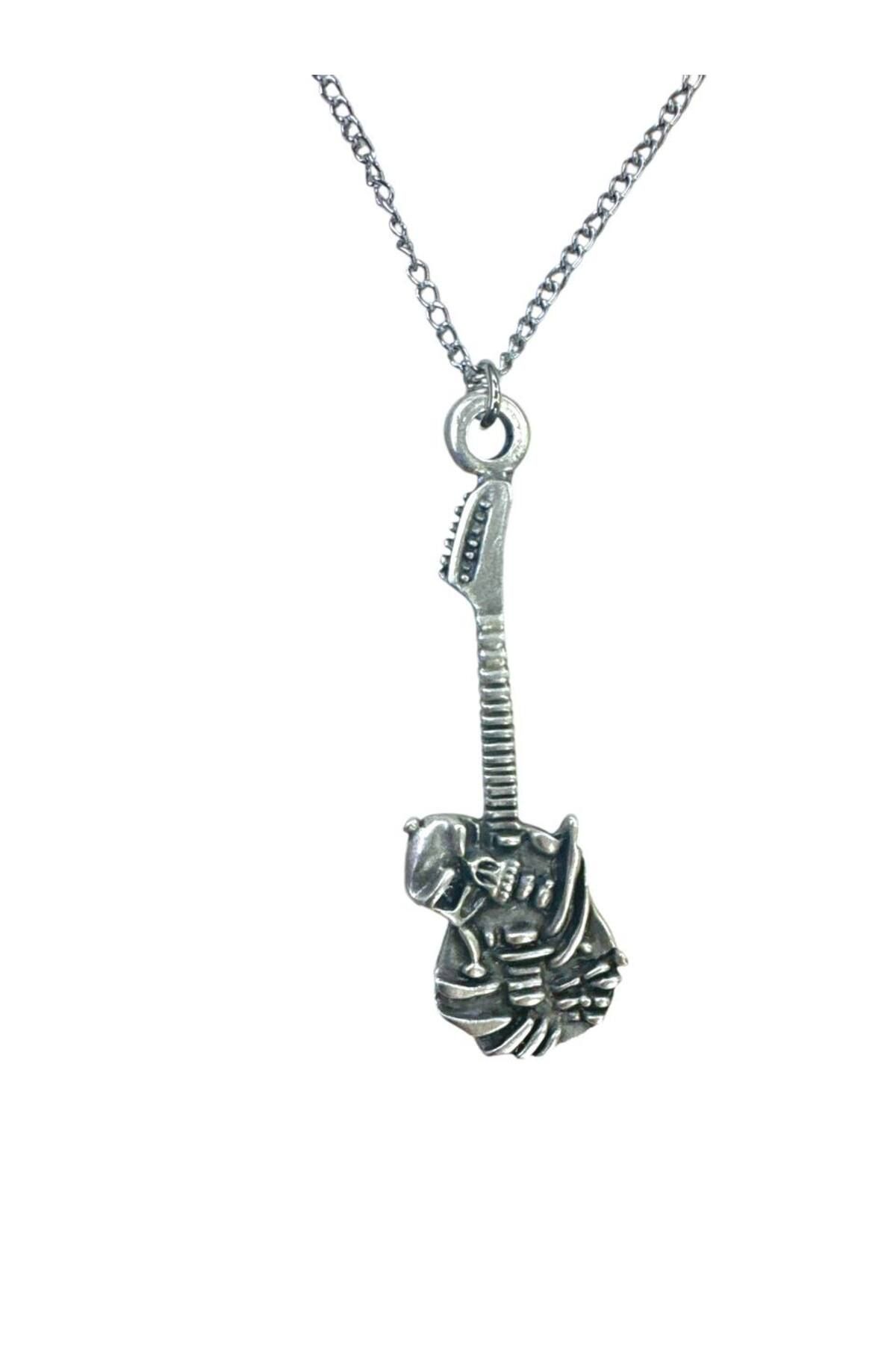 Herşey Nota Gitar ve Kuru Kafa Temalı Metal Rock Kolye – Unisex - 60 cm Zincir
