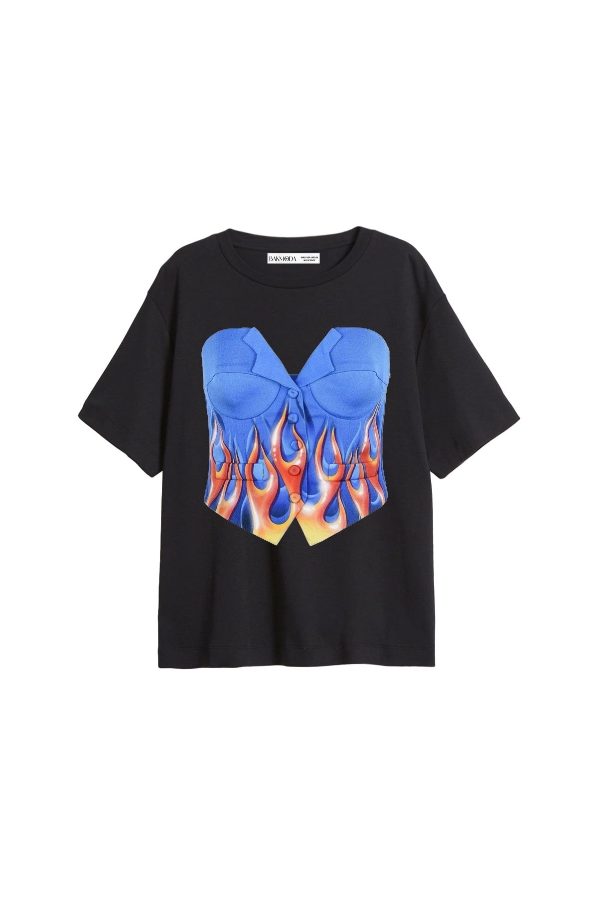 CİNEMA MODA Flame Top Baskılı Relaxed Fit Siyah Kadın Tshirt