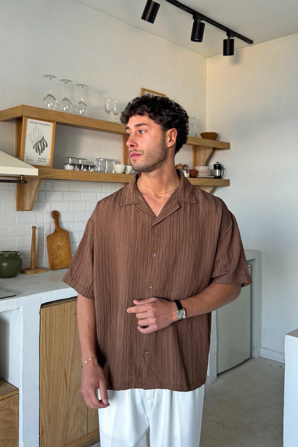 Flaw Wear Kahverengi Kısa Kollu Cizgili Oversize Gömlek