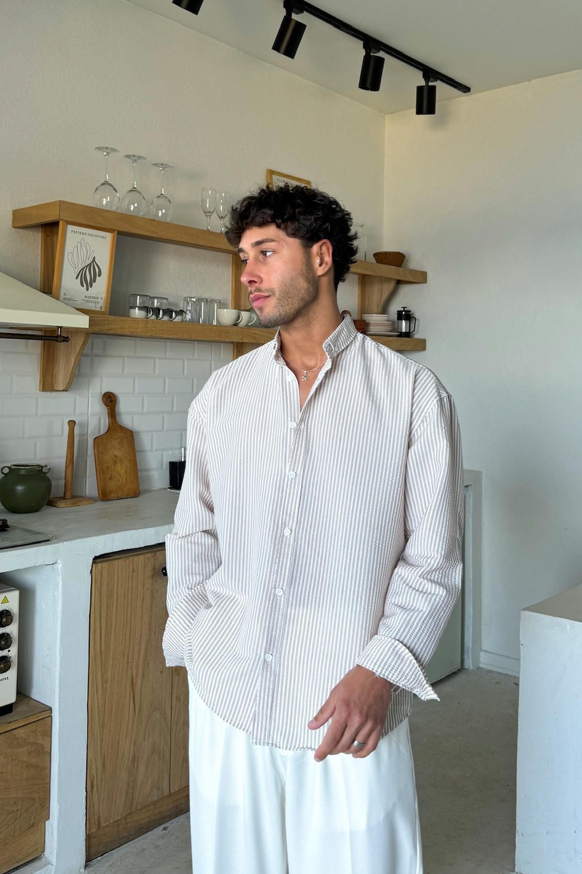 Flaw Wear Açık Kahve Çizgili Oversize Uzun Kol Gömlek