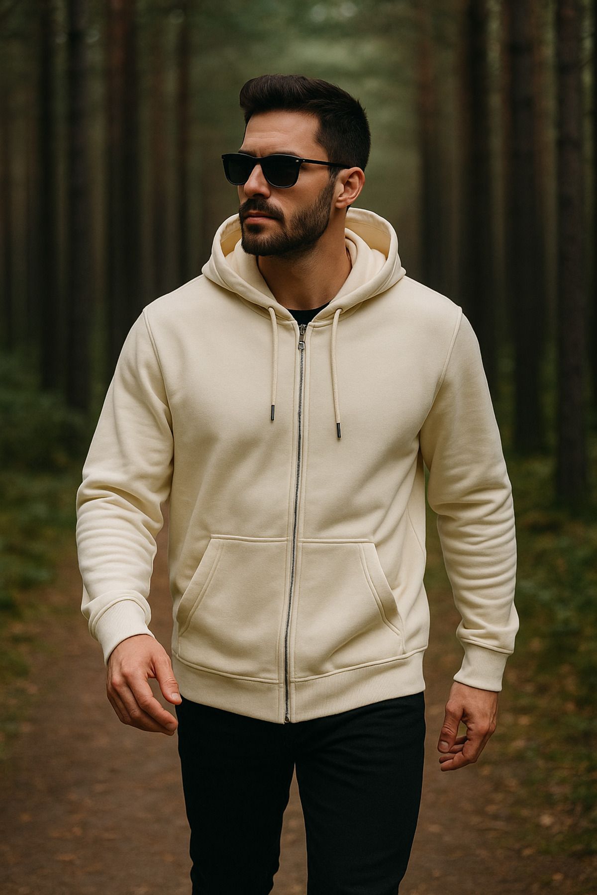 Rich Erkek Kapüşonlu Pamuklu Sweatshirt Hırka Fermuarlı Rahat Kalıp Basic Hırka