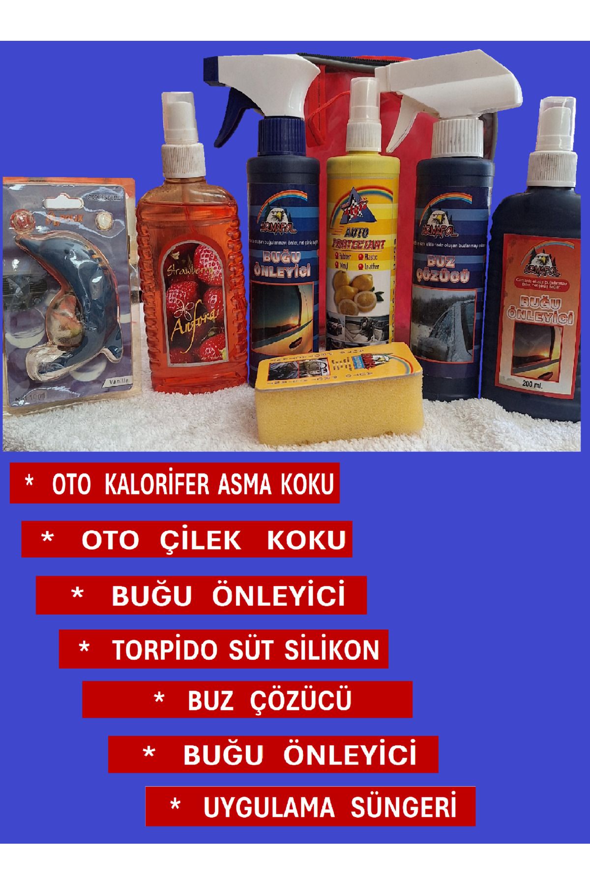 SOFT 7 Lİ OTO BAKIM SETİ -buğu önleyici*süt silikon*buz çözücü*kalorifer asma koku*uygulama sün.