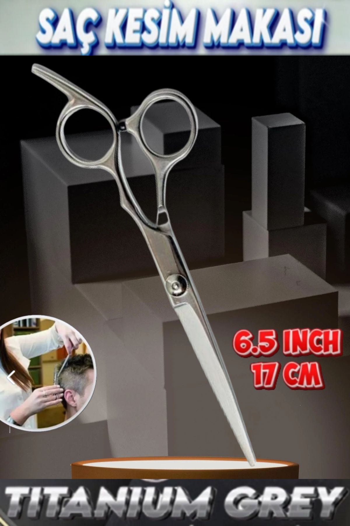 ESENLİWE Titanium Grey Profesyonel Berber Makası Düz Uçlu Makas 17 Cm 6.5 İnç