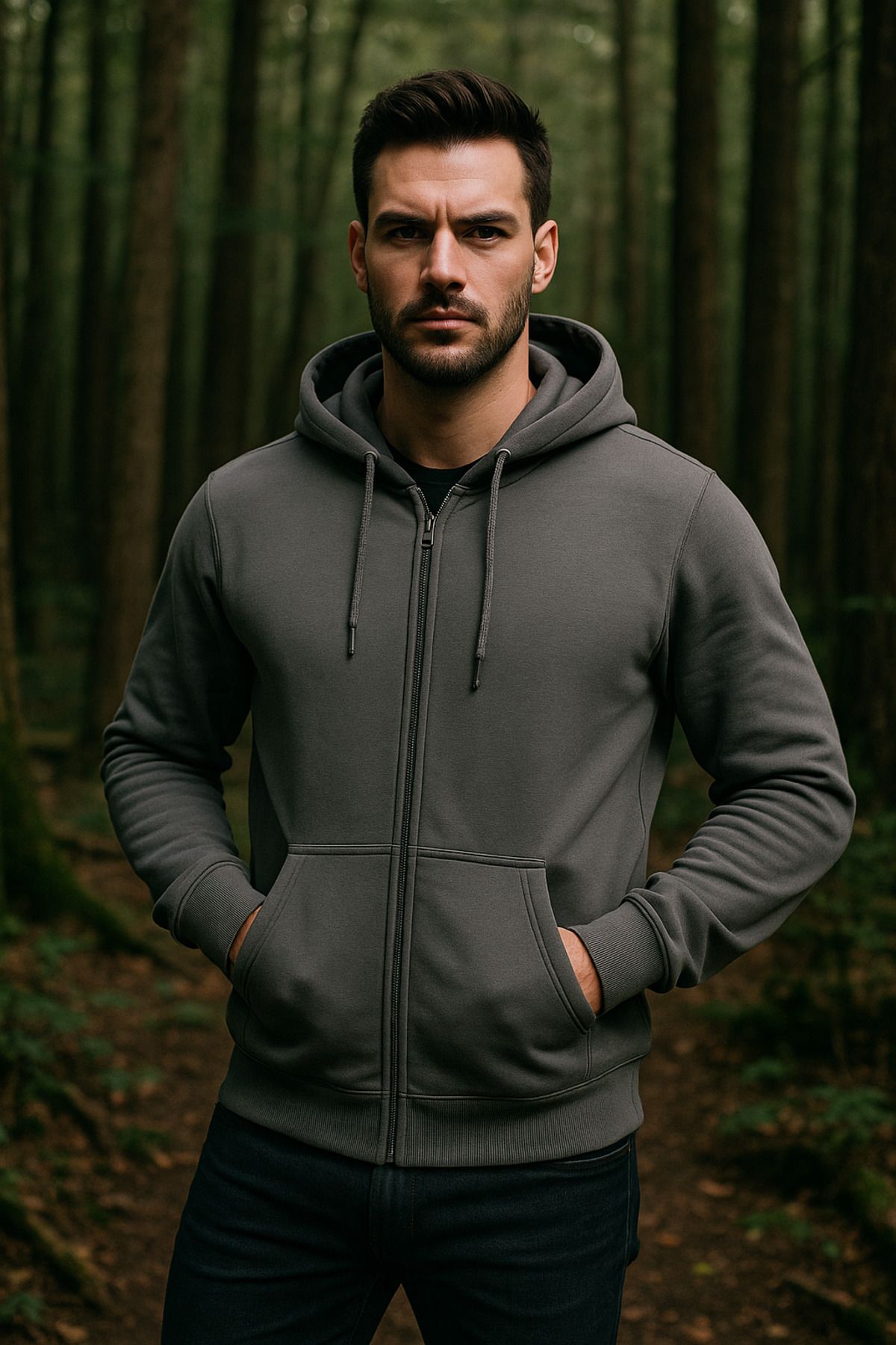 Rich Erkek Kapüşonlu Pamuklu Sweatshirt Hırka Fermuarlı Rahat Kalıp Basic Hırka