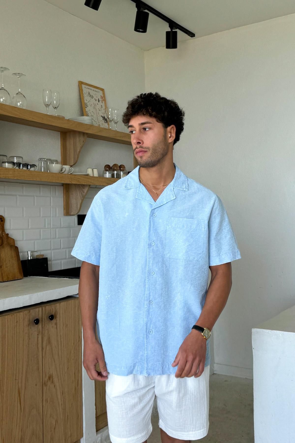 Flaw Wear Yıkamalı Açık Mavi Oversize Kısa Kol Gömlek