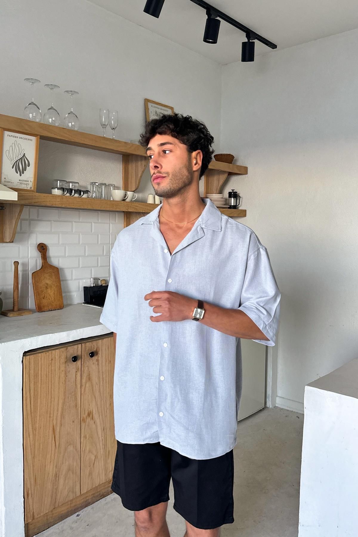 Flaw Wear Gri Dokuma Oversize Kısa Kol Gömlek