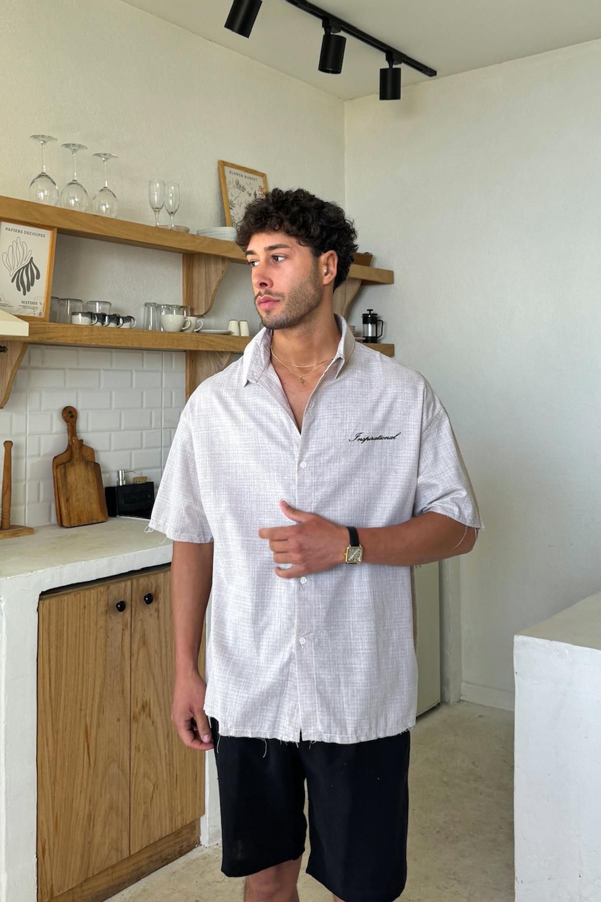 Flaw Wear Kareli Açık Kahve Oversize Kısa Kol Gömlek