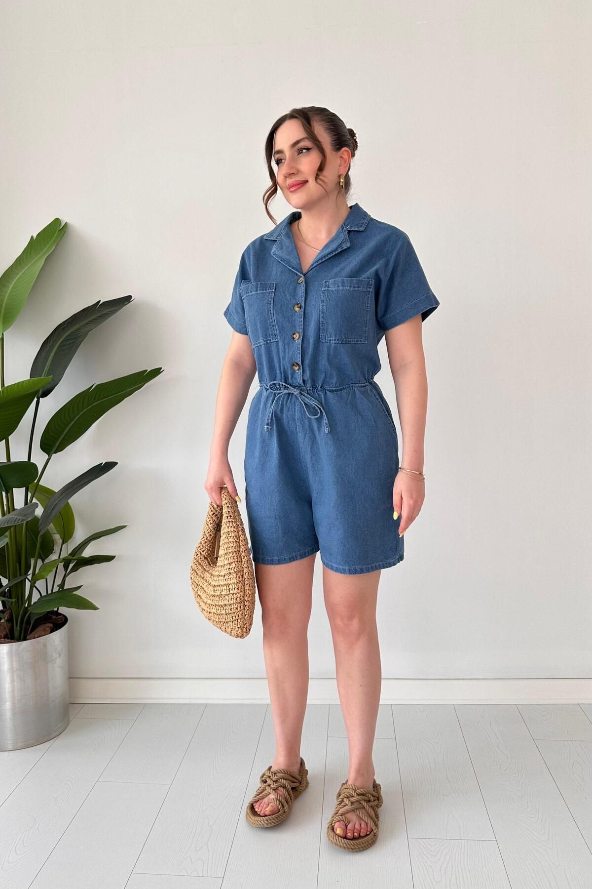 MaziButik Şortlu Denim Tulum Mavi