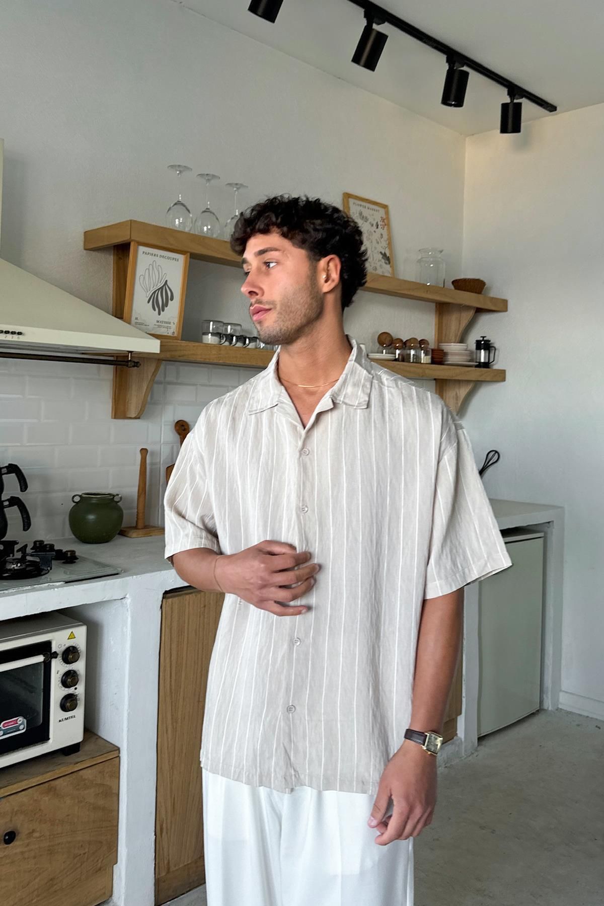 Flaw Wear Krem Cizgili Kısa Kollu Oversize Gömlek