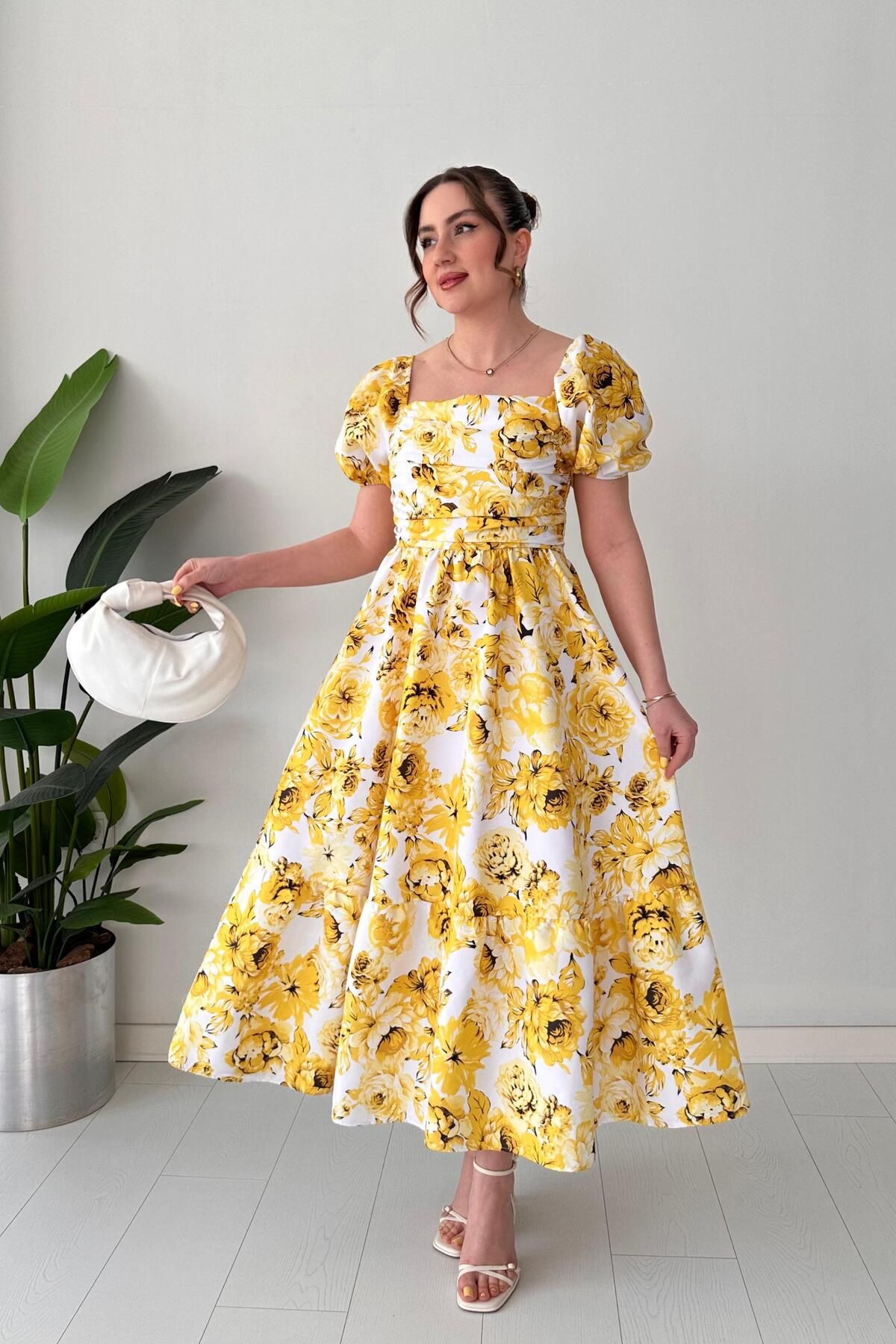 MaziButik Şakayık Poplin Elbise Sarı