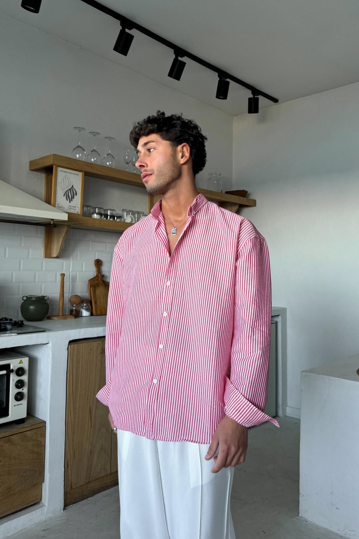 Flaw Wear Kırmızı Çizgili Oversize Uzun Kol Gömlek