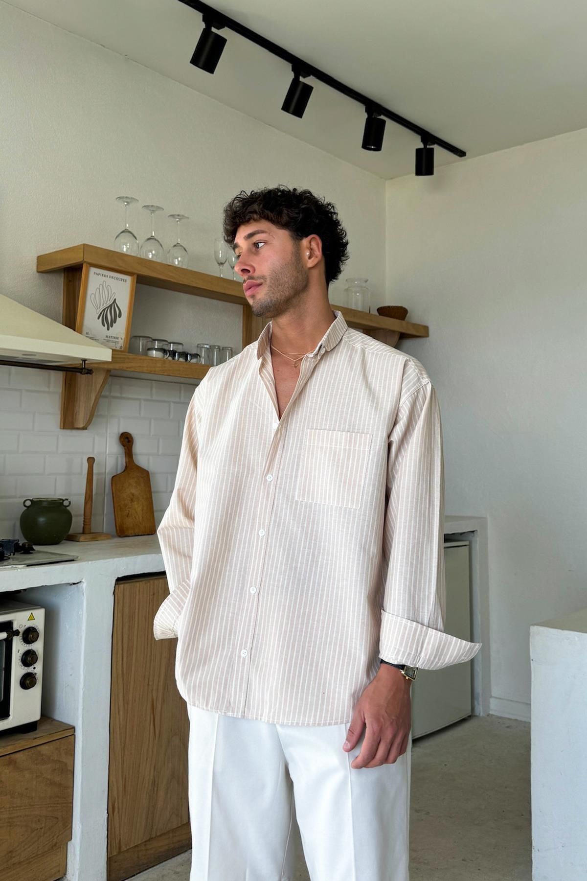 Flaw Wear Krem Çizgili Oversize Gömlek