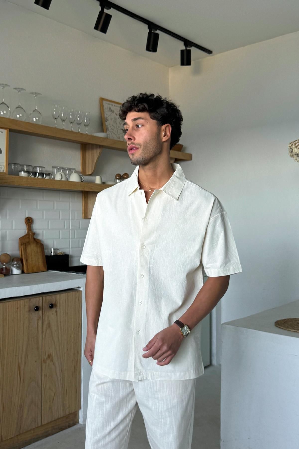 Flaw Wear Krem Keten Oversize Kısa Kol Gömlek