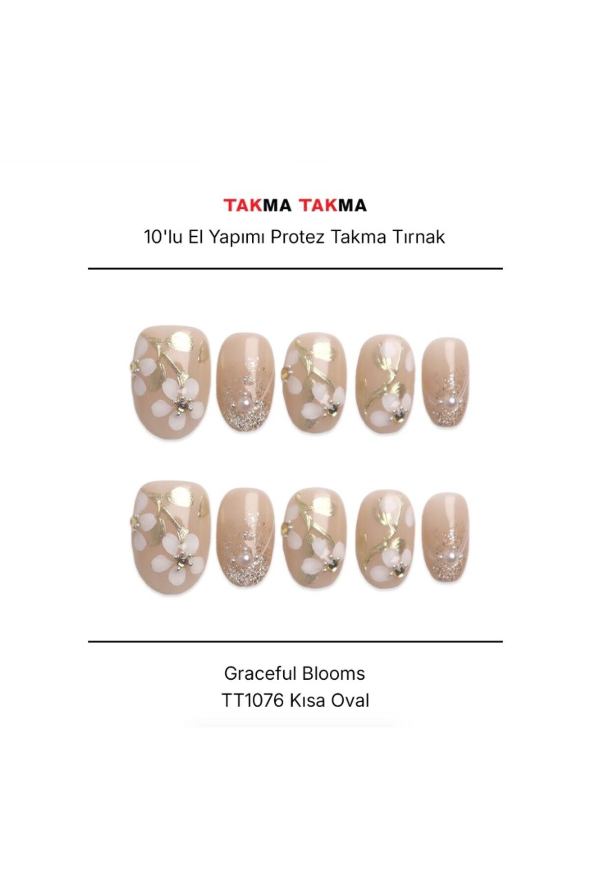 Takma Takma Tekrar Kullanılabilir El Yapımı Protez Takma Tırnak Graceful Blooms - 10'lu TT1076 M-Ten Rengi
