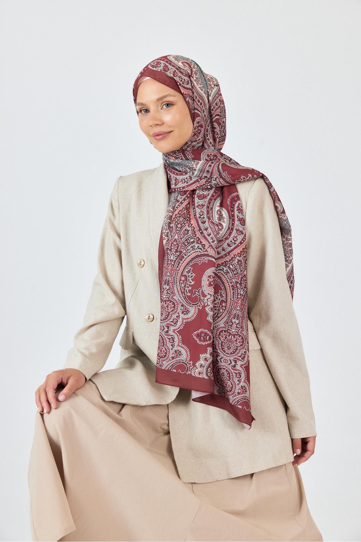 Rays Bordo Retro Desenli Şal 4002
