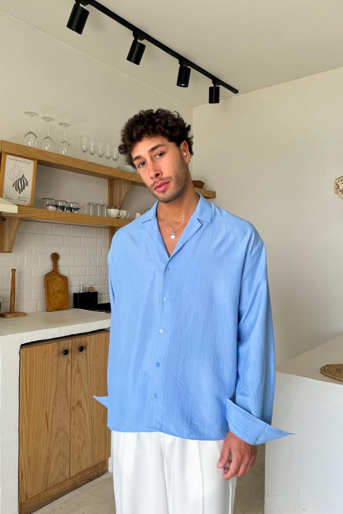 Flaw Wear Açık Mavi Çizgi Detay Oversize Gömlek