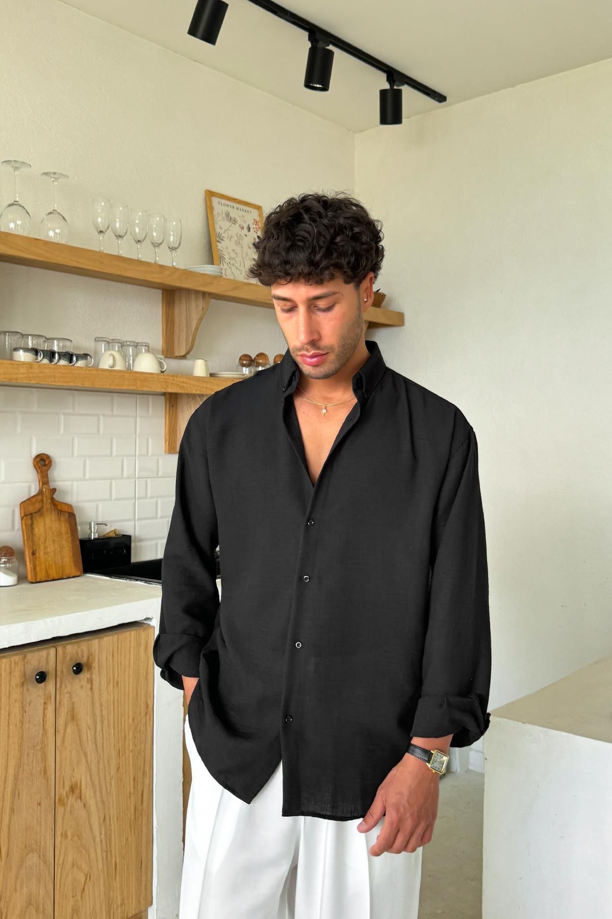 Flaw Wear Siyah Uzun Kollu Basic Oversize Gömlek