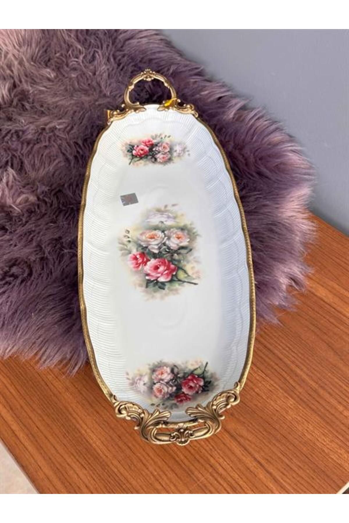 ROSSEV Antique Kulplu Oval Sunum Tabak 56cm