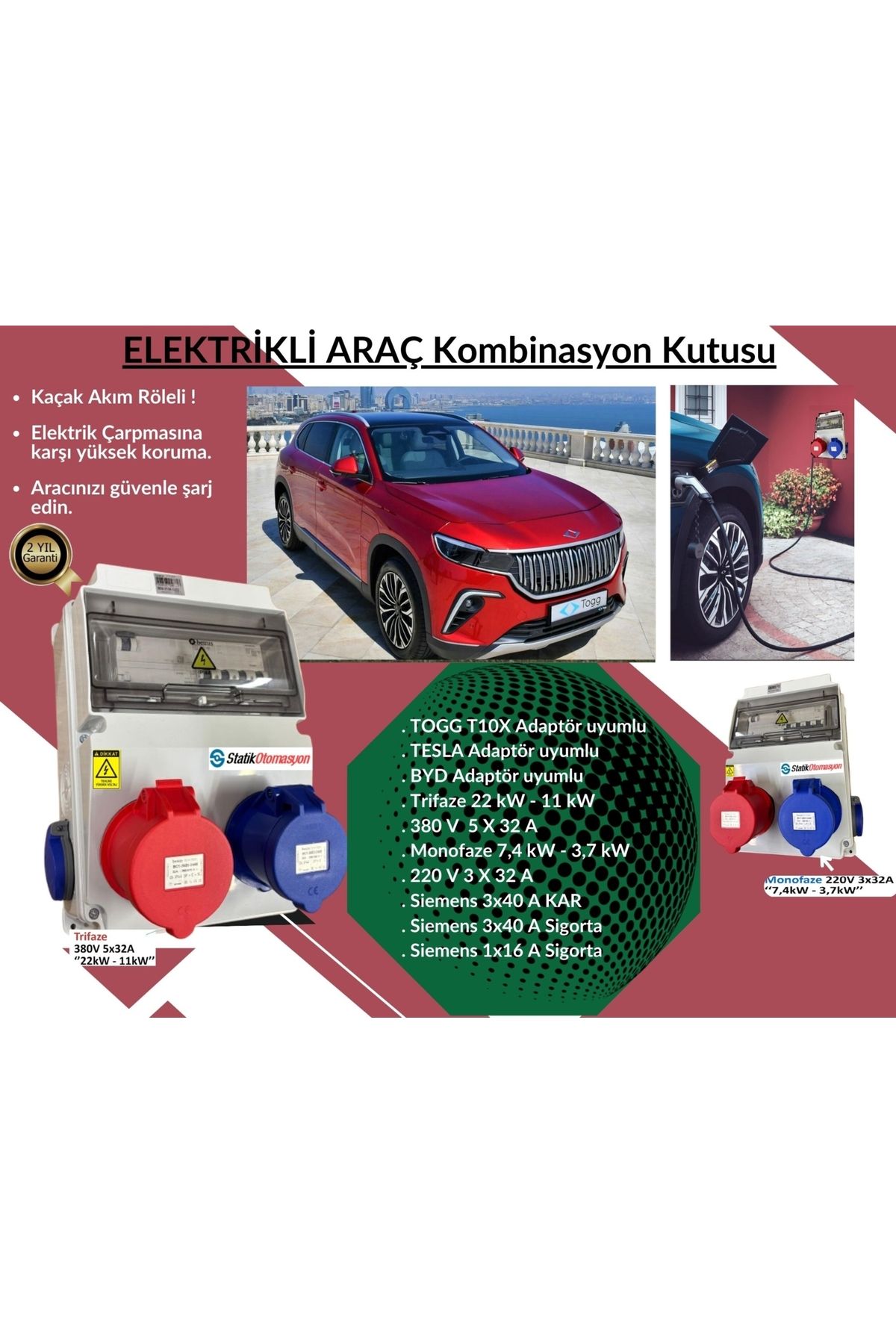 ST -Şarj-T Trifaze Elektrikli Araç Komb Kutusu; Togg T10X, Hyundai, Tesla Blue ve Byd Adaptöre Uyumlu