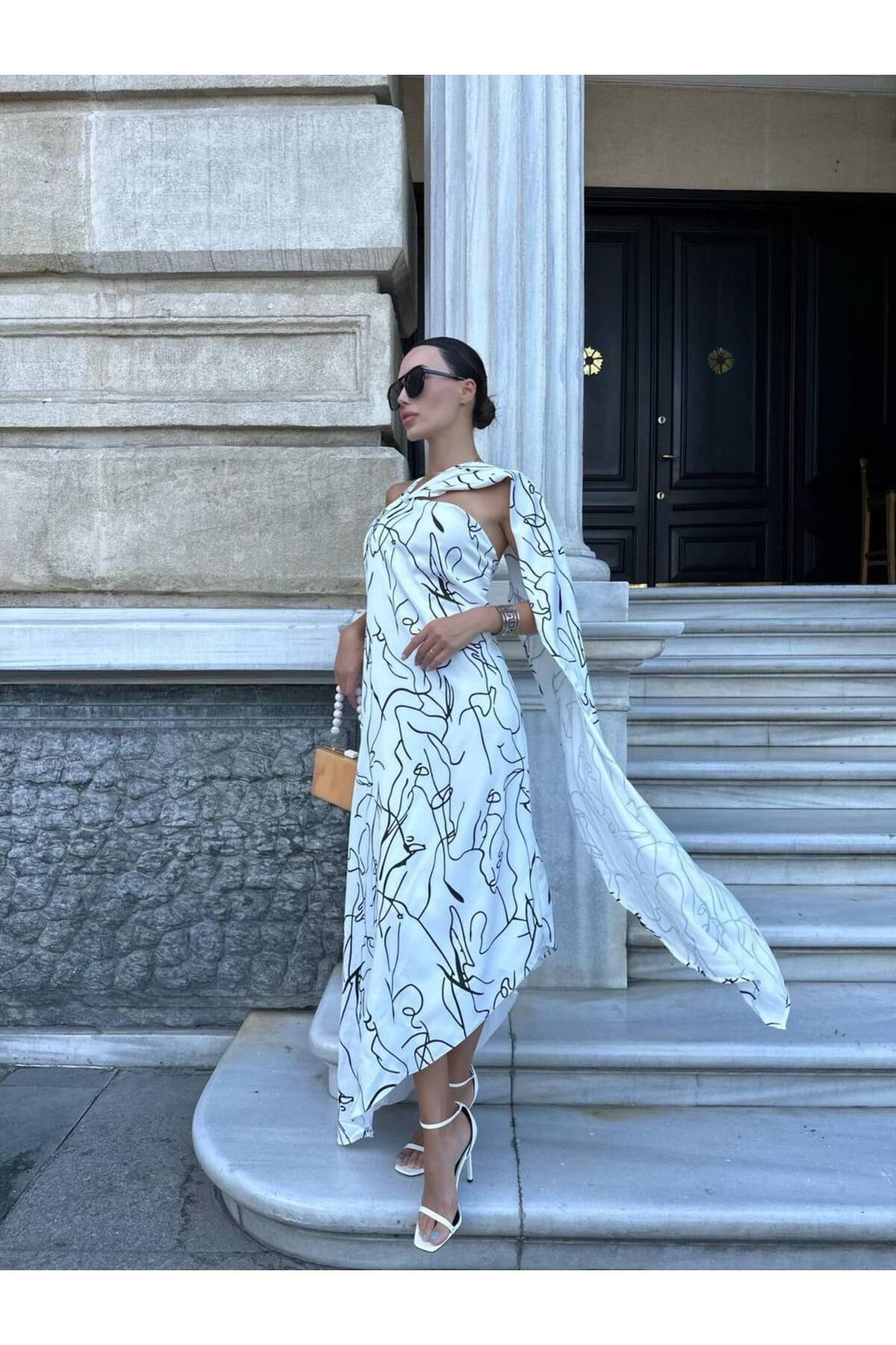 Hotfashion TEK OMUZ DESENLİ PELERİNLİ ELBİSE