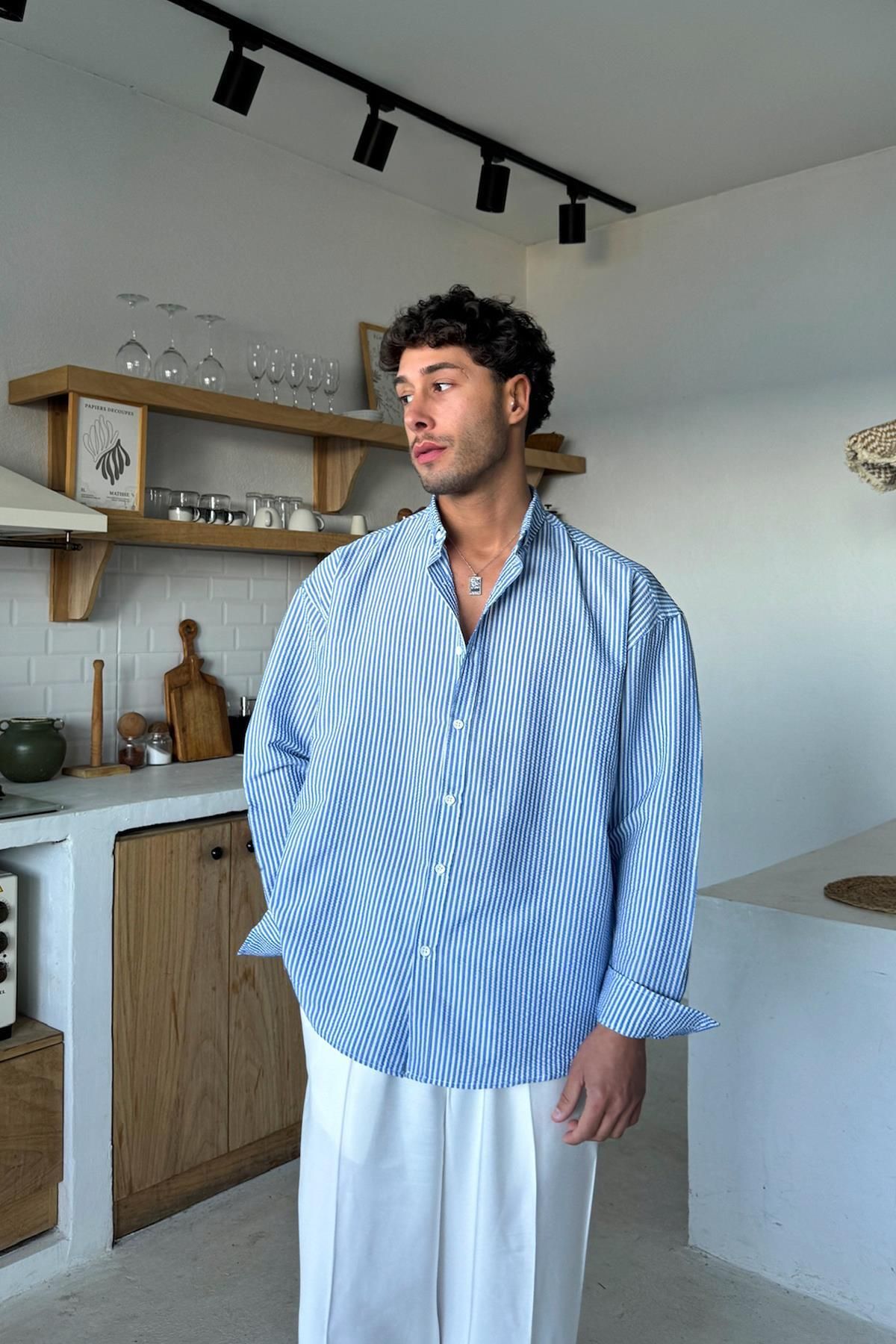 Flaw Wear Mavi Çizgili Oversize Uzun Kol Gömlek
