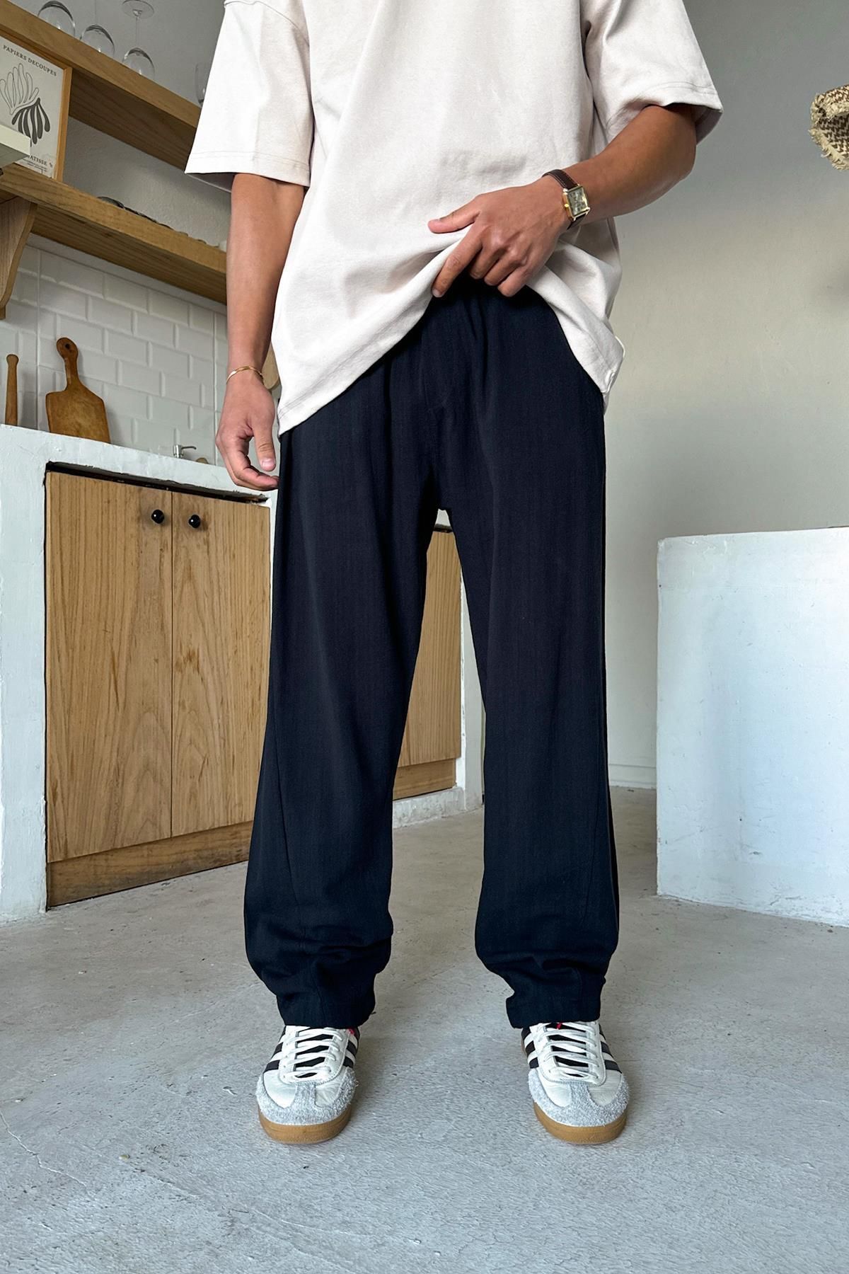 Flaw Wear Siyah Bel Lastikli Keten Pantolon