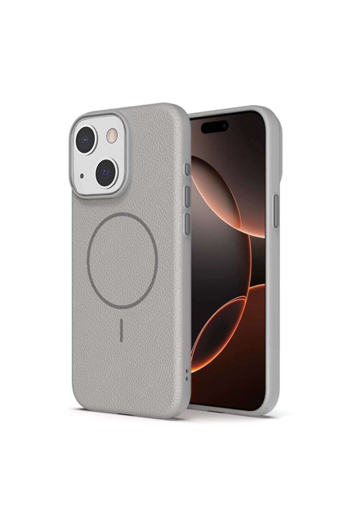 Apsuwa iPhone 15 uyumlu Kılıf Lichee Deri Desen Silikon Kablosuz Şarj Özellikli Gri