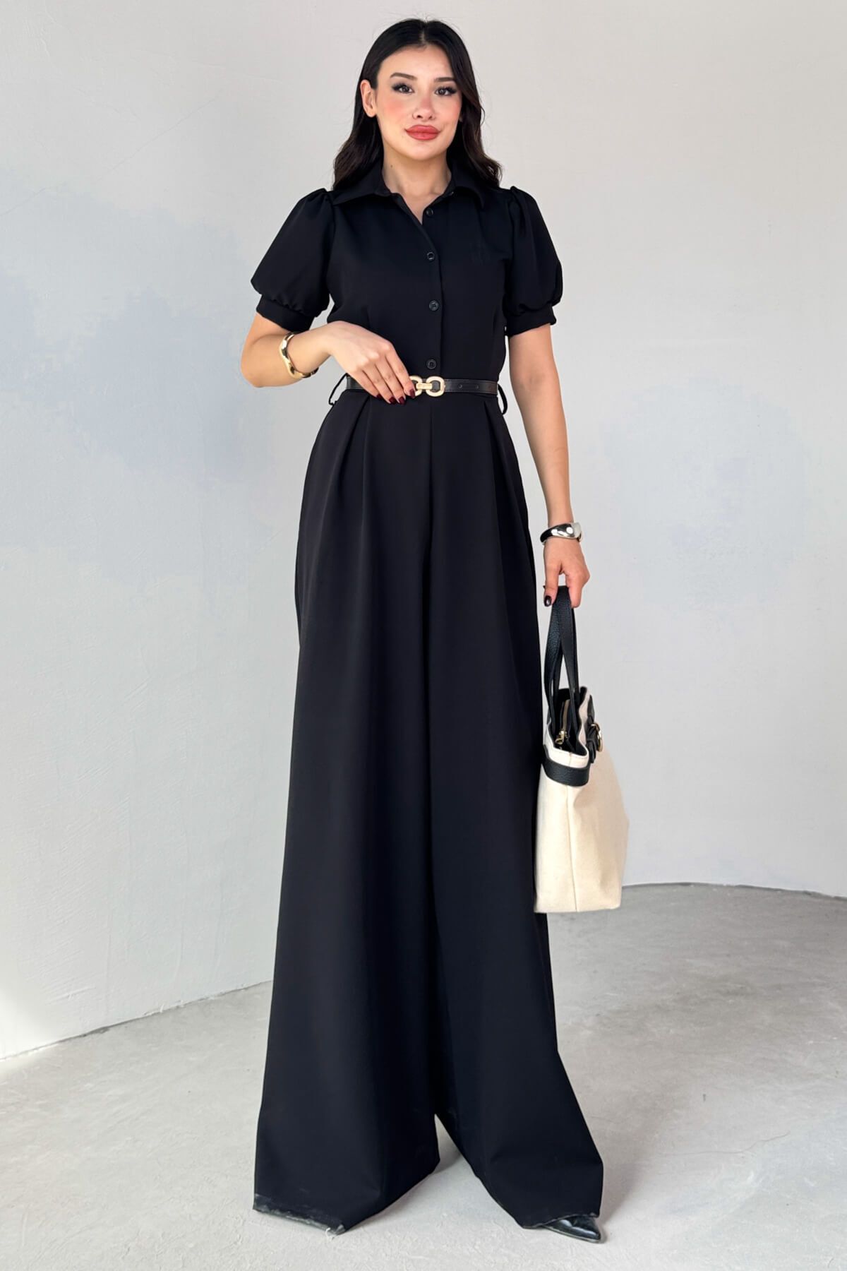 Cappmoda ELB-01795 Siyah Kemerli Gömlek Yaka Pileli Poliviskon Tulum