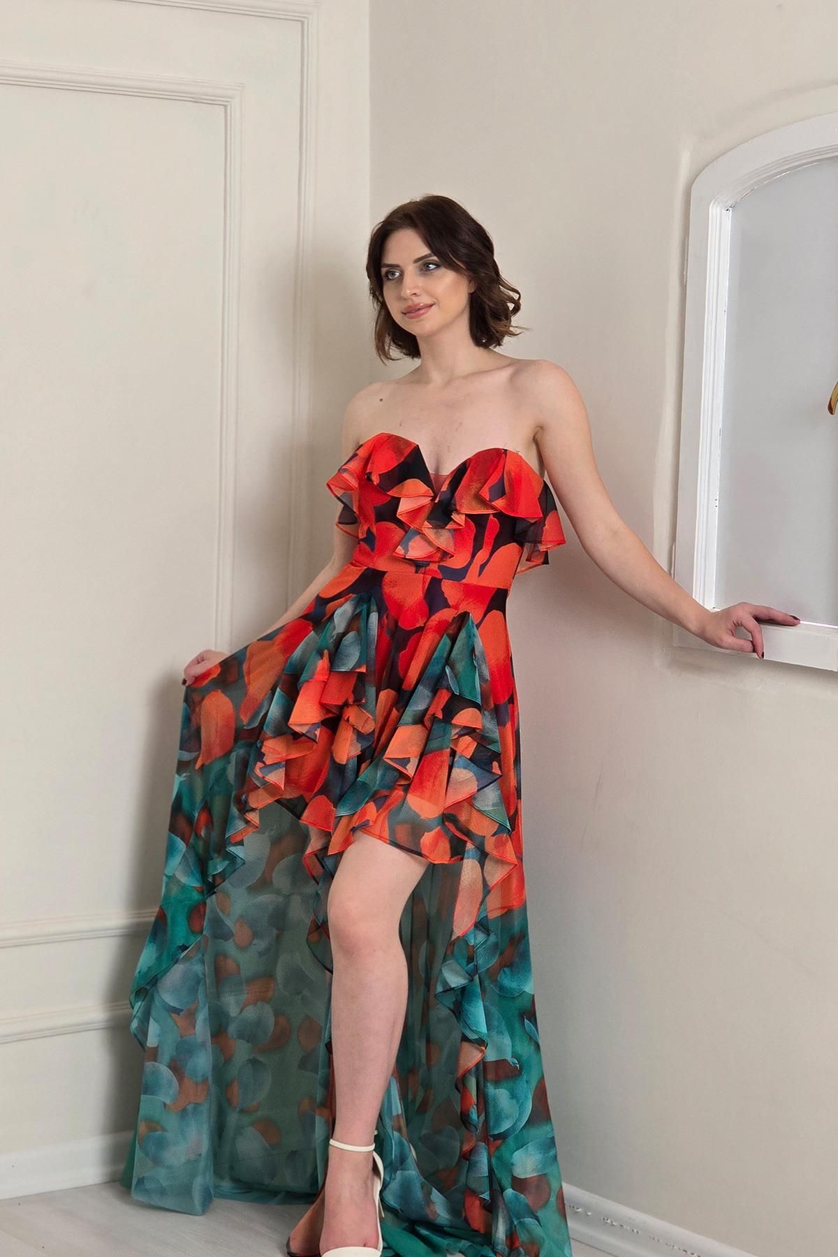 Yonca Moda Evi TURUNCU-SİYAH Desenli Fırfırlı Tül Abiye 7290