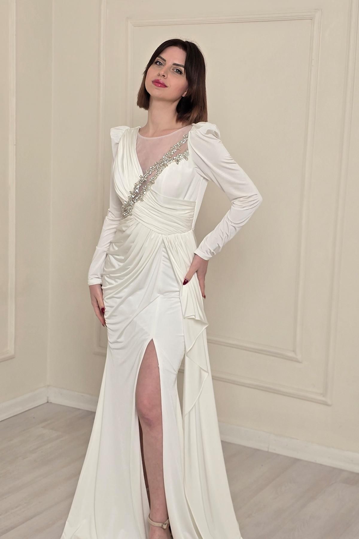 Yonca Moda Evi Beyaz Taş İlemeli Buzzy Abiye 5285