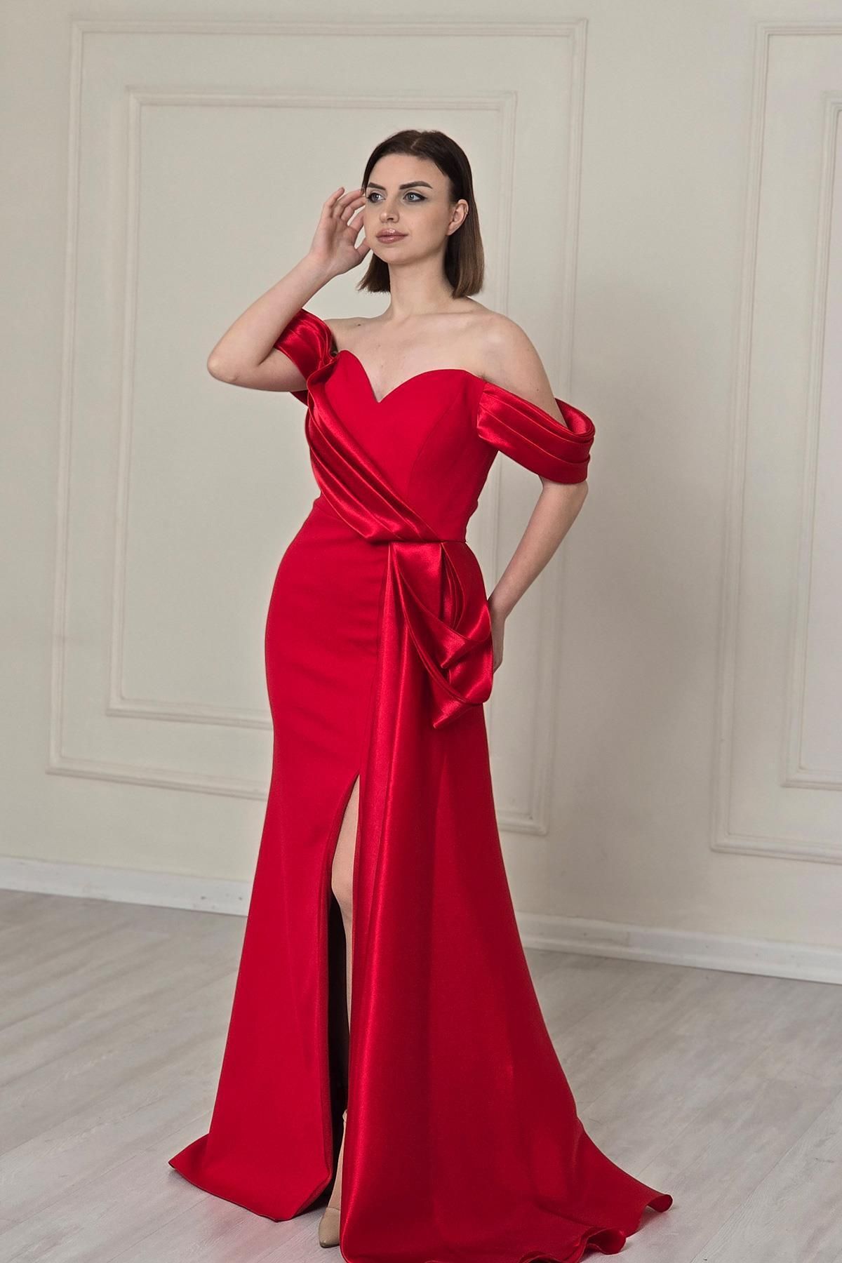 Yonca Moda Evi Kırmızı Fiyonklu Balık Abiye 1123