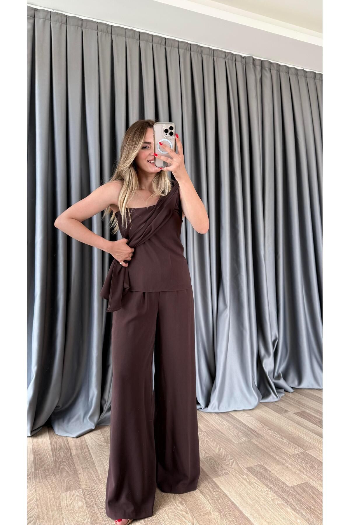 pelin yıldız butik Shine Tek Omuz Bluz Beli Lastikli Pantolon Takım