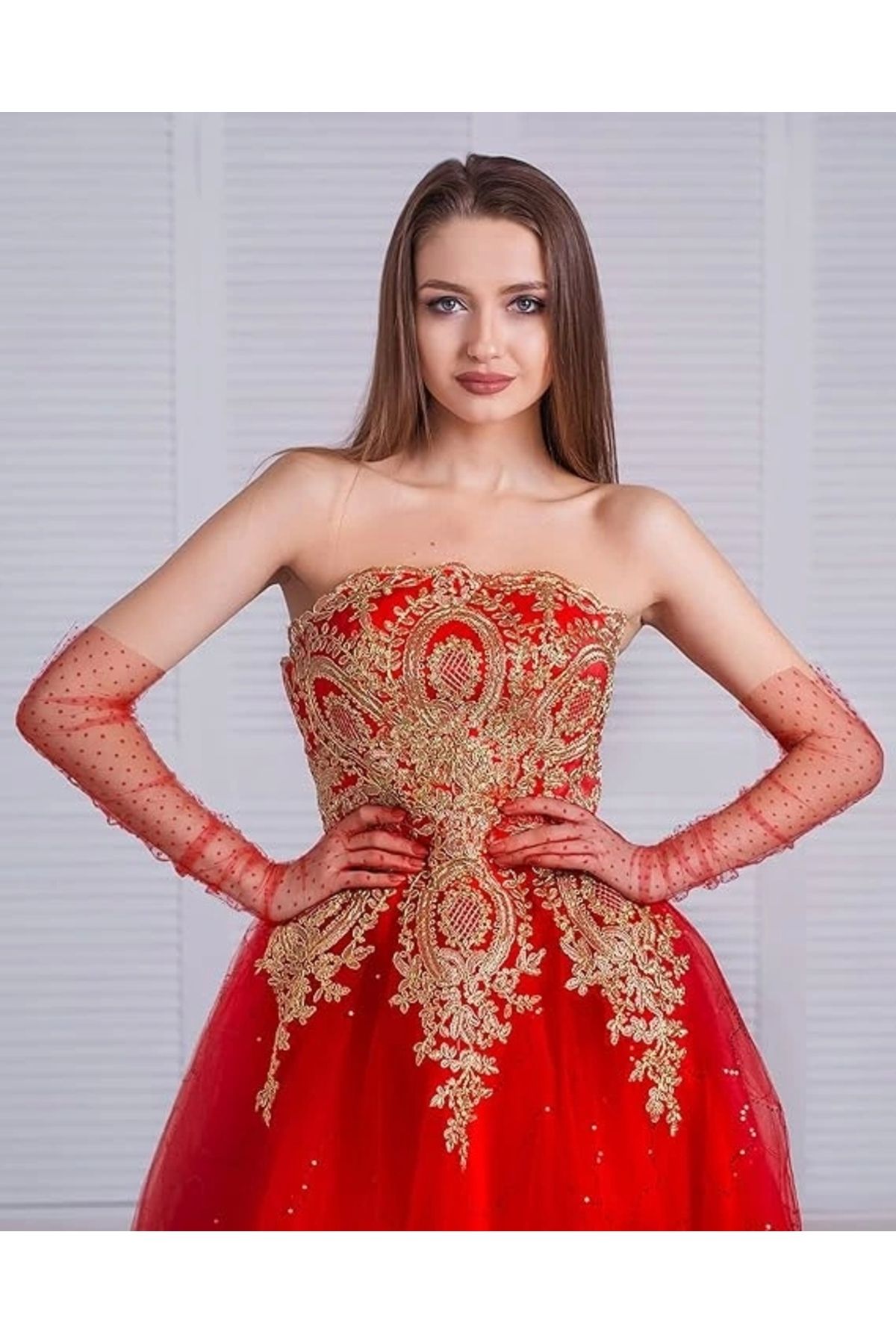 OurStyles Uzun Boy Kırmızı Puantiyeli Kırmızı Renk Yetişkin Tül Eldiven cm - tarz trend ürün
