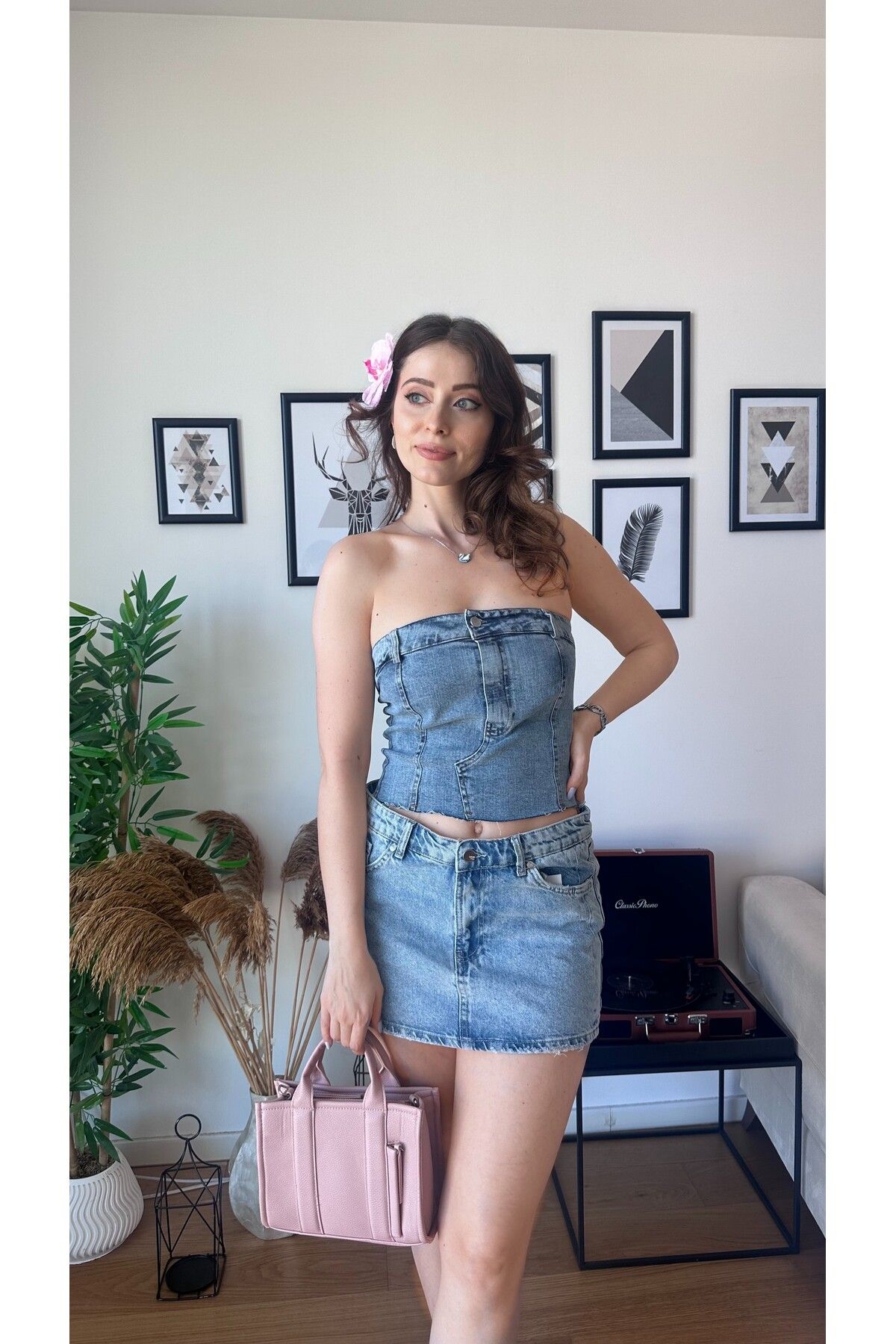 Soshow Yüksek Bel Denim Mini Etek