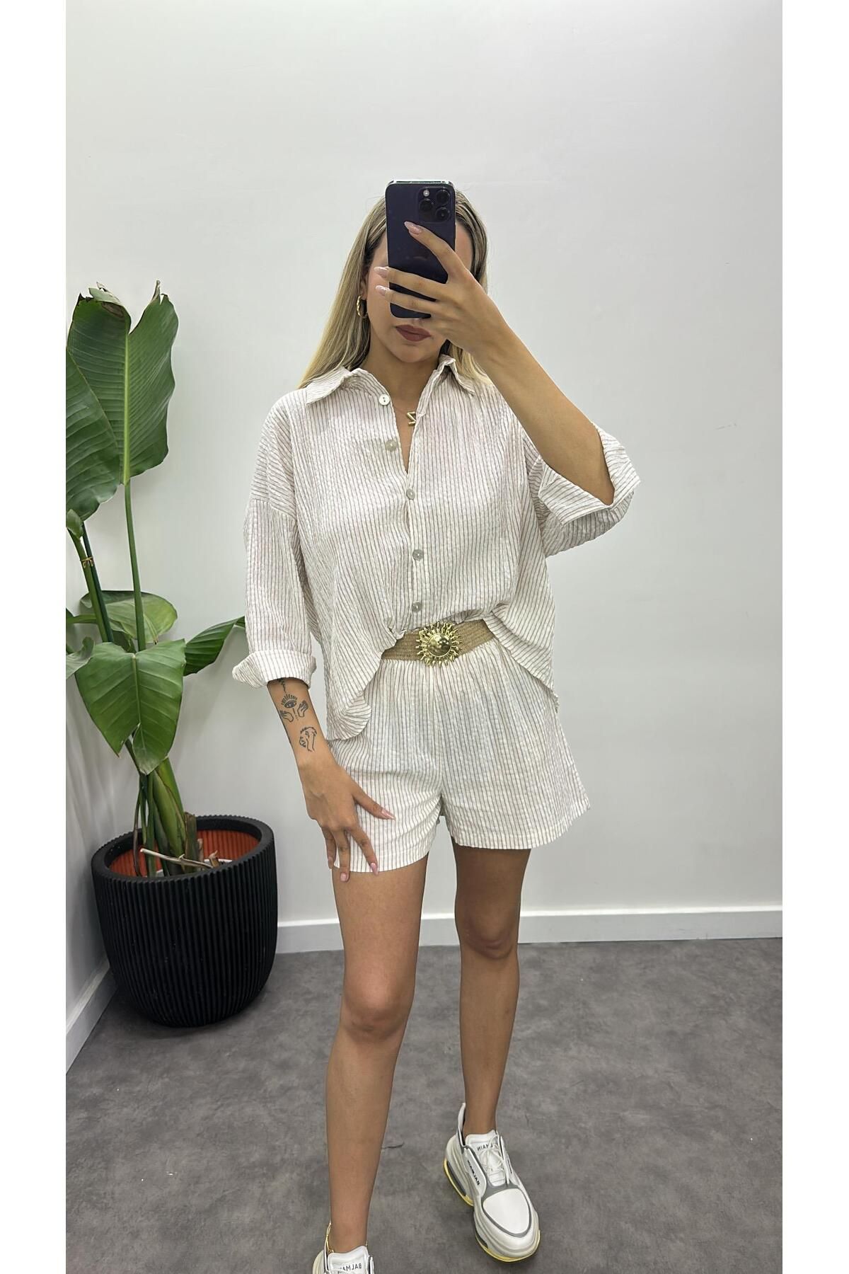 Acar Boutique Kemerli Keten Şortlu Takım