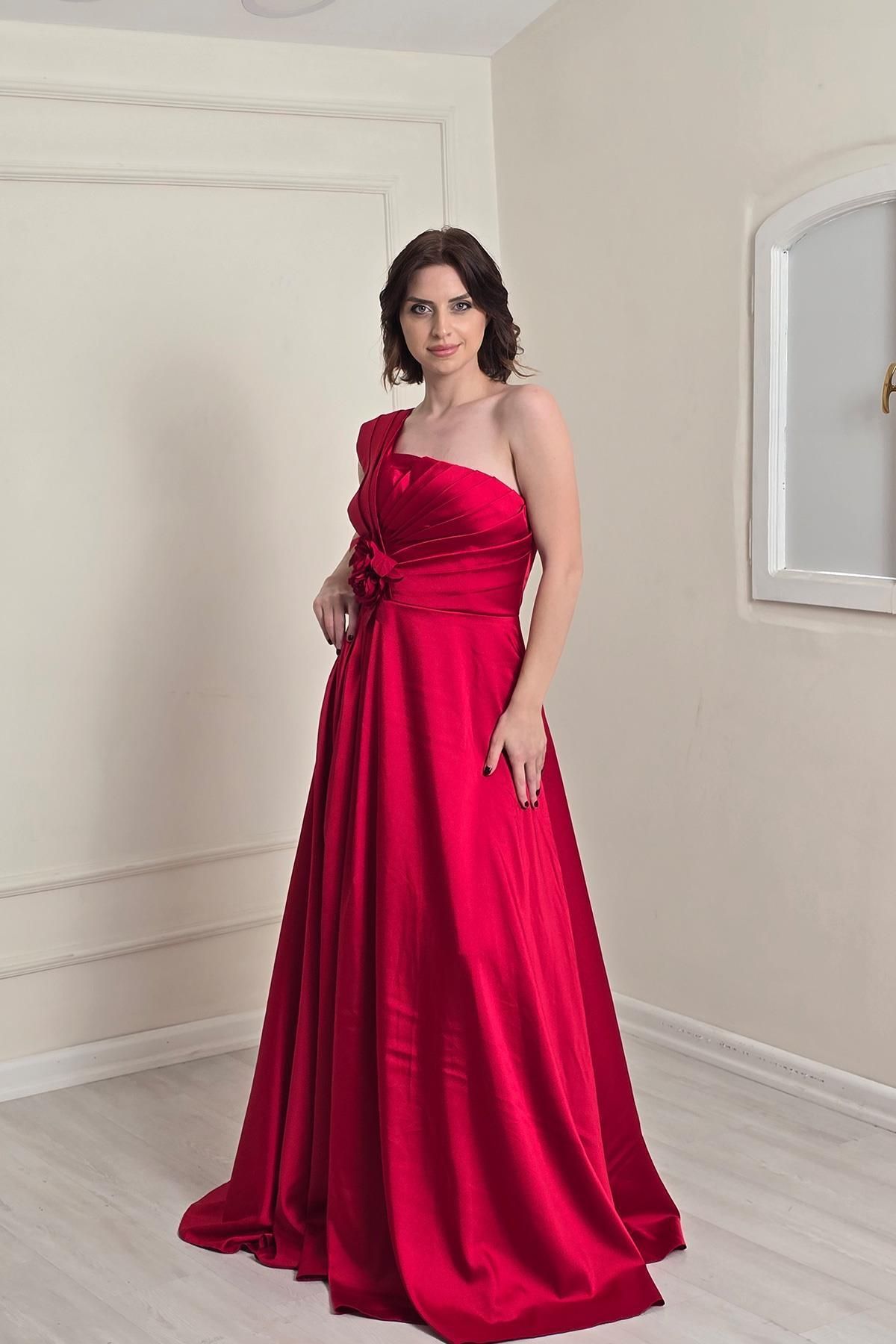 Yonca Moda Evi Kırmızı Tek Omuz Beli Güllü ABİYE 7440