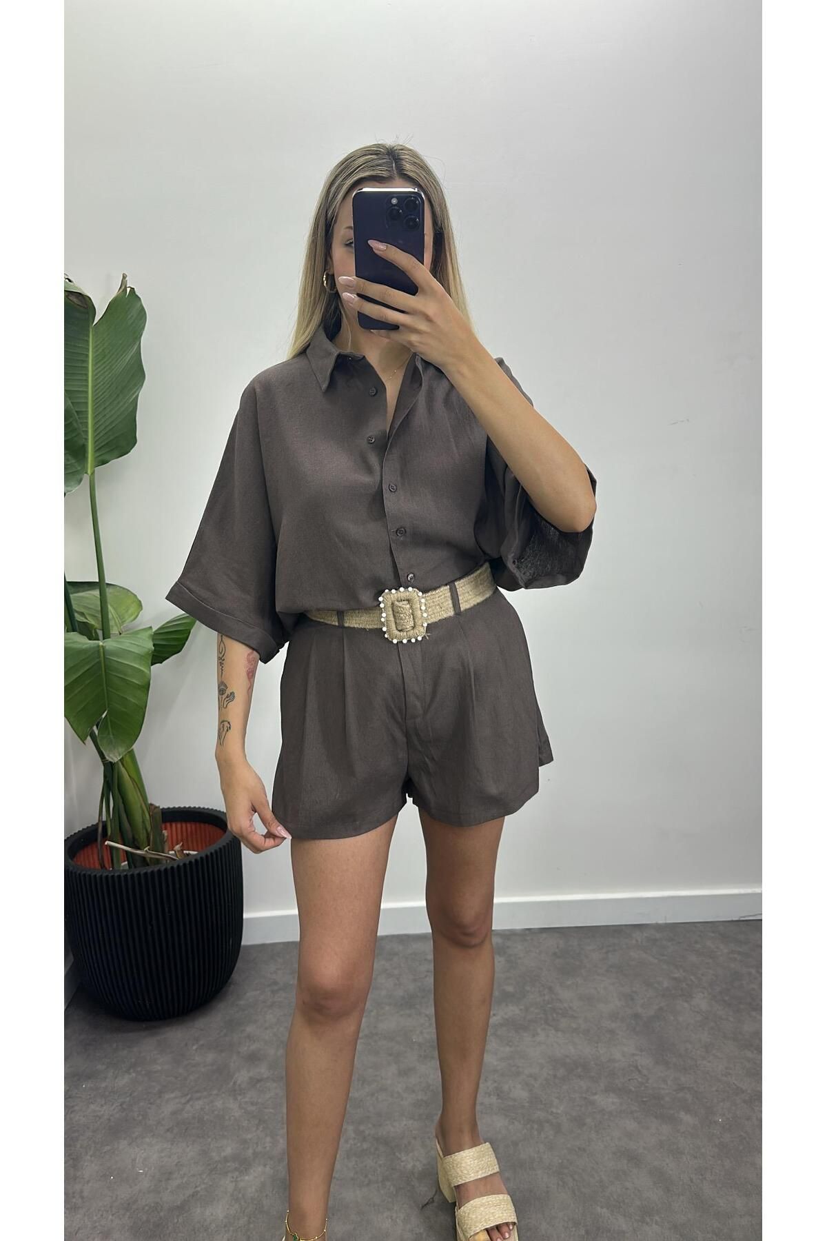 Acar Boutique Hasır Kemerli Keten Gömlek Şort Takım