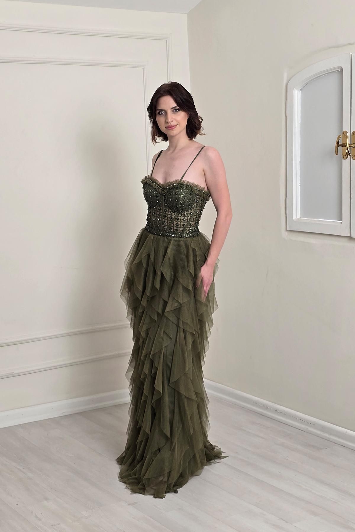 Yonca Moda Evi Haki Etekleri Fırfırlı Abiye 5200