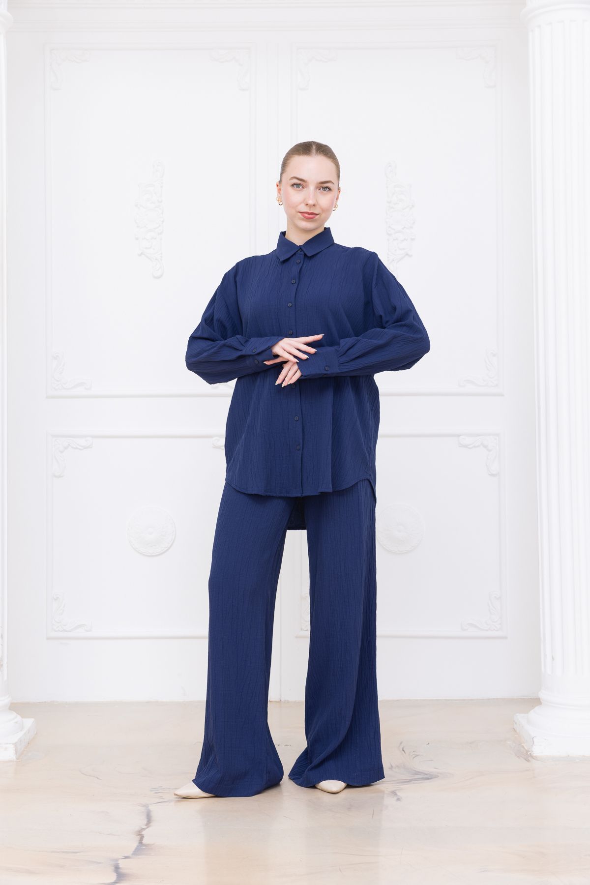 Meşe Moda gofre kadın gömlek pantolon ikili takım
