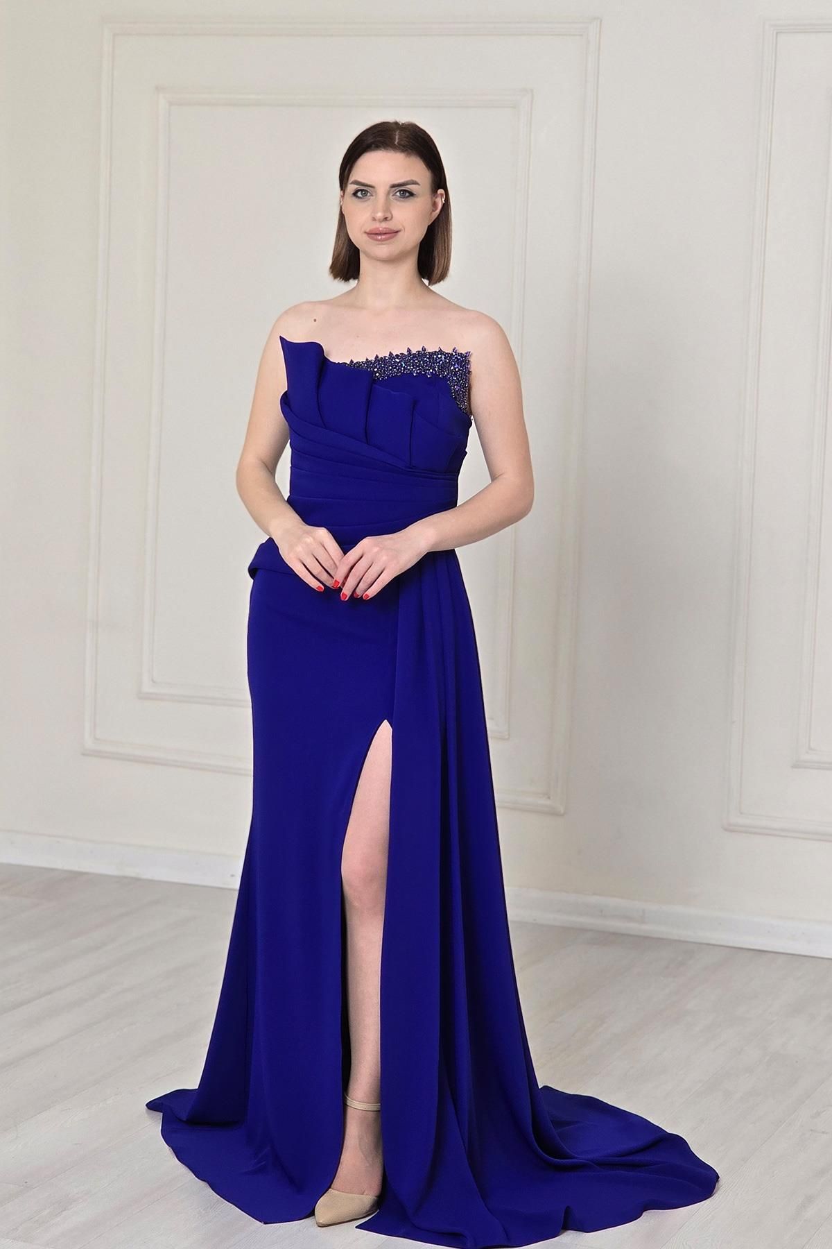 Yonca Moda Evi Saks Mavi Straplez Drapeli Abiye 5250